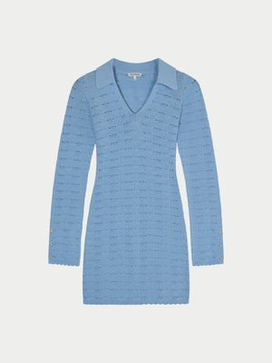 OPEN COLLAR CROCHET KNIT MINI DRESS - POWDER BLUE