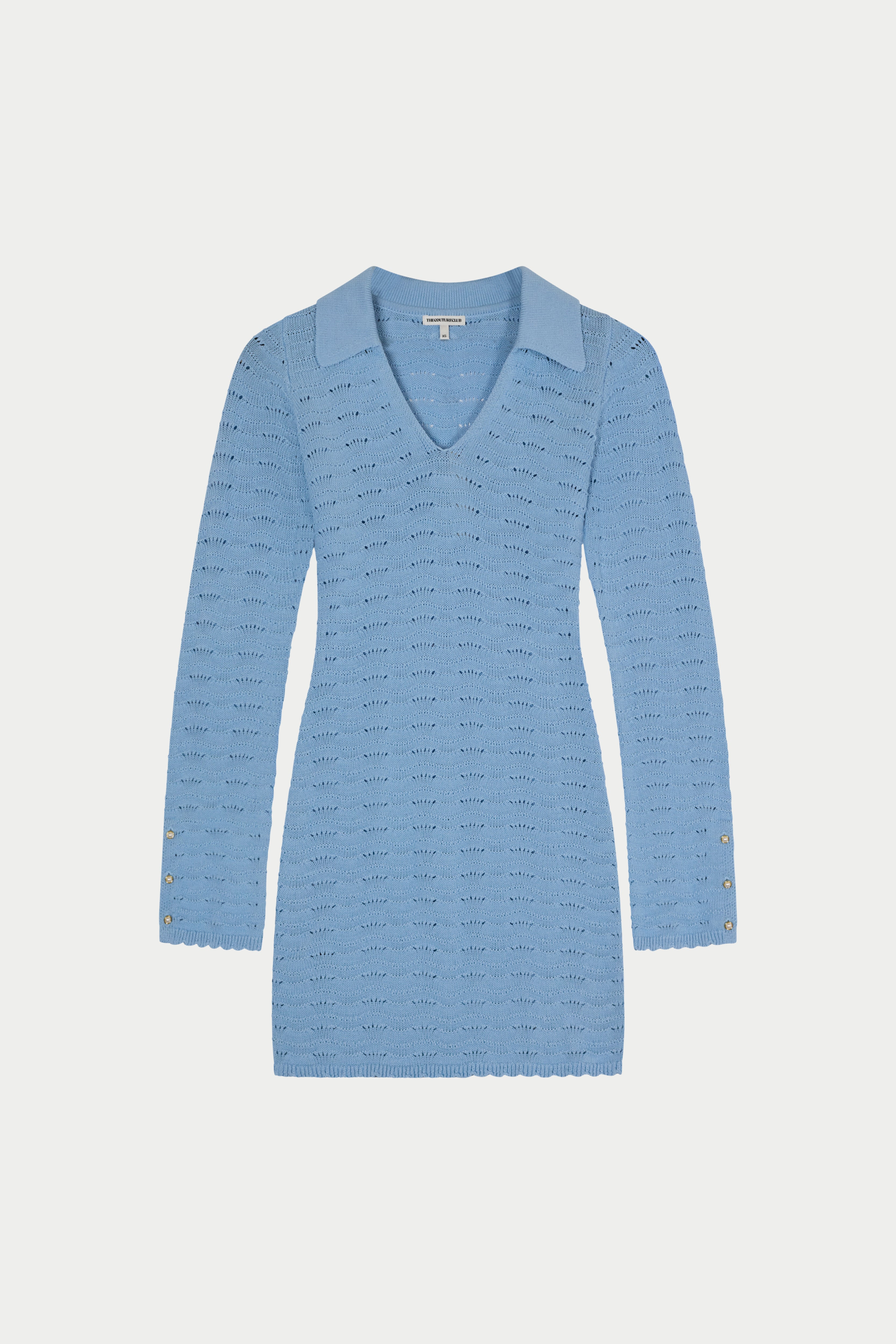OPEN COLLAR CROCHET KNIT MINI DRESS - POWDER BLUE