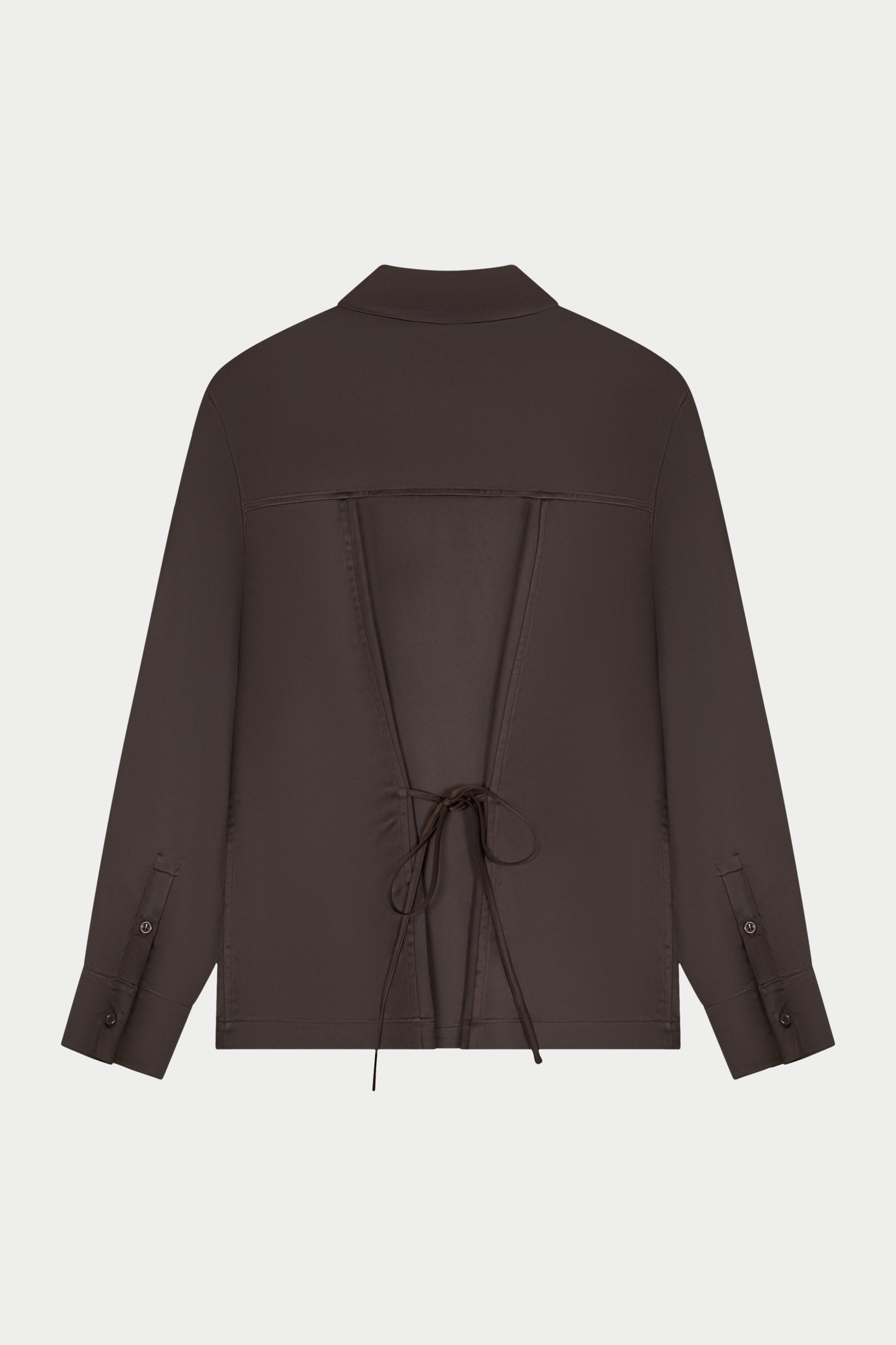 TIE BACK SATIN SHIRT - CHOCOLATE