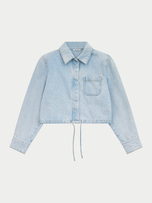 TIE HEM SHOULDER DENIM JACKET - LIGHT WASH