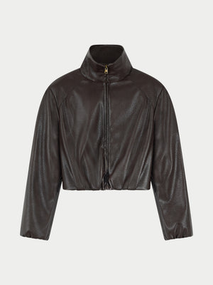 FUNNEL NECK BALLOON HEM FAUX LEATHER JACKET - BROWN