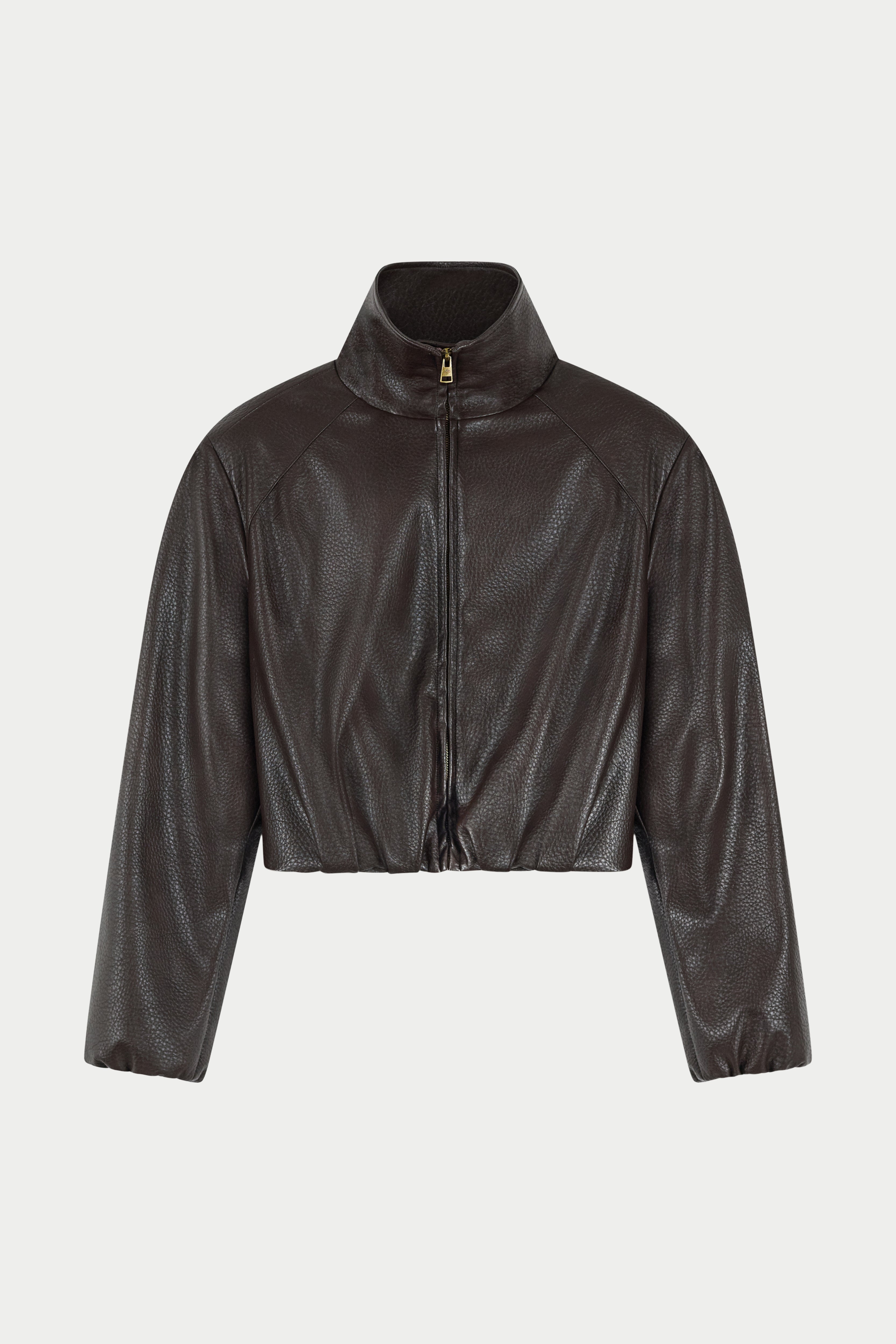 FUNNEL NECK BALLOON HEM FAUX LEATHER JACKET - BROWN