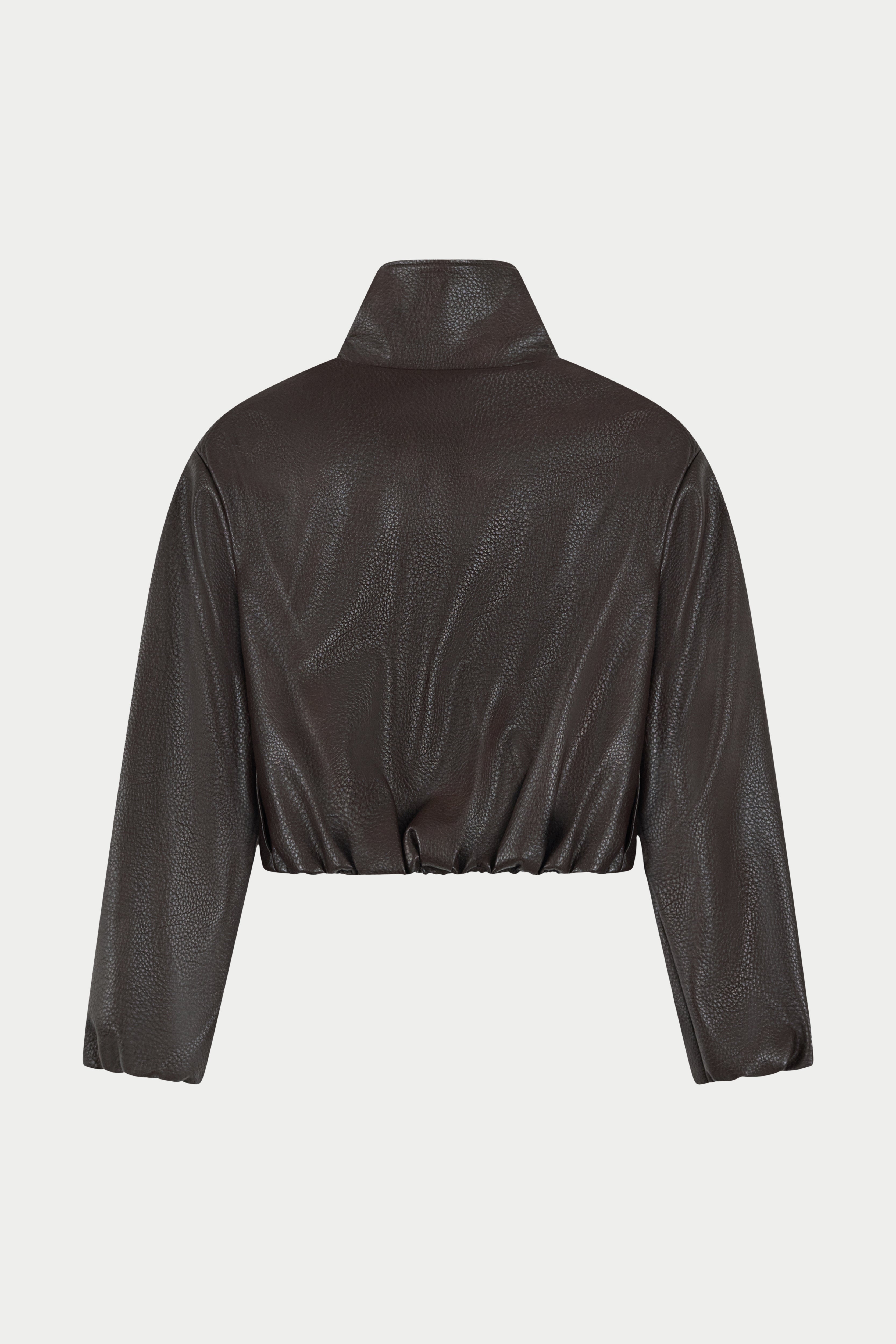 FUNNEL NECK BALLOON HEM FAUX LEATHER JACKET - BROWN