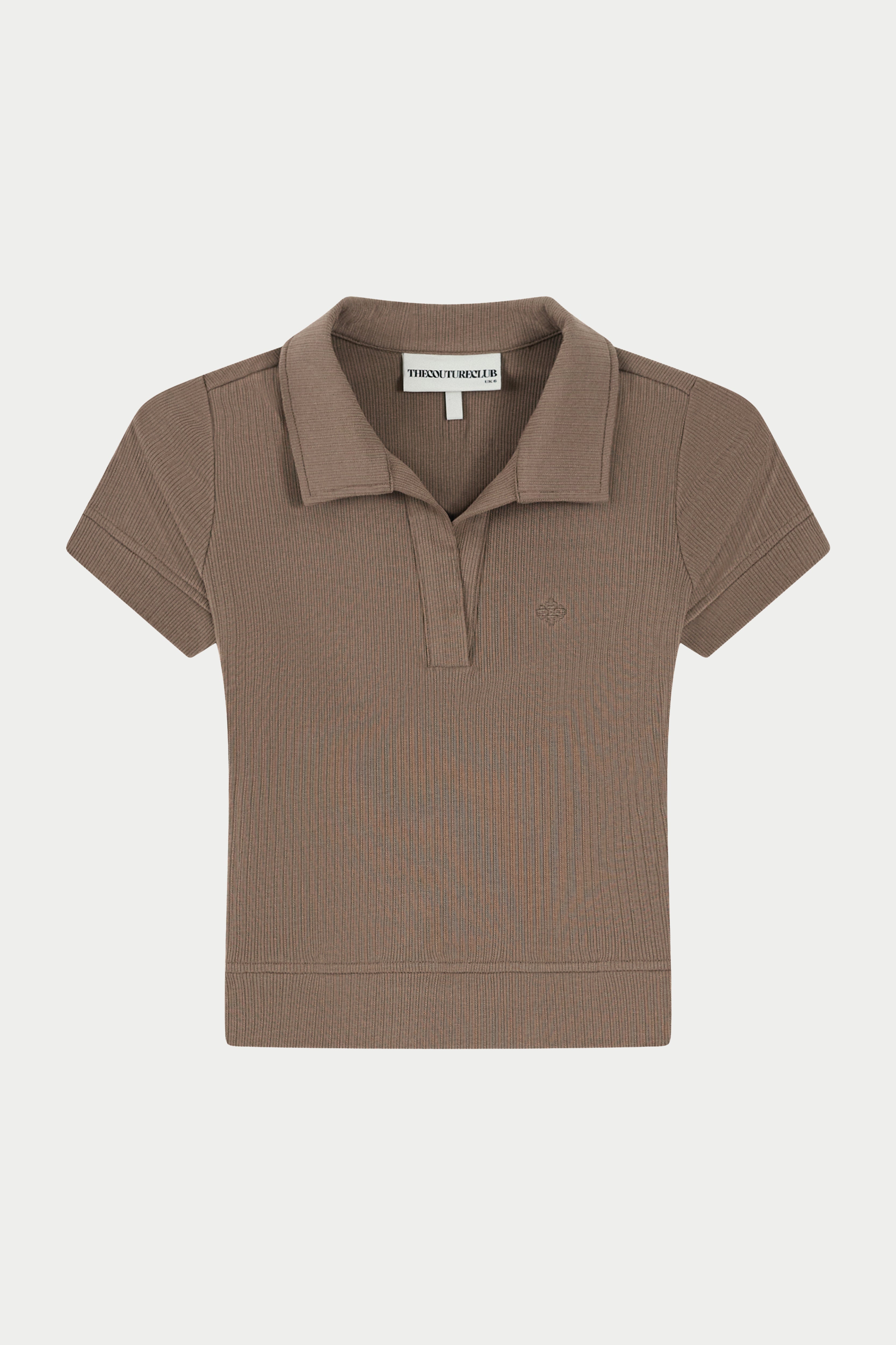 RIBBED SHORT SLEEVE POLO TOP - BROWN