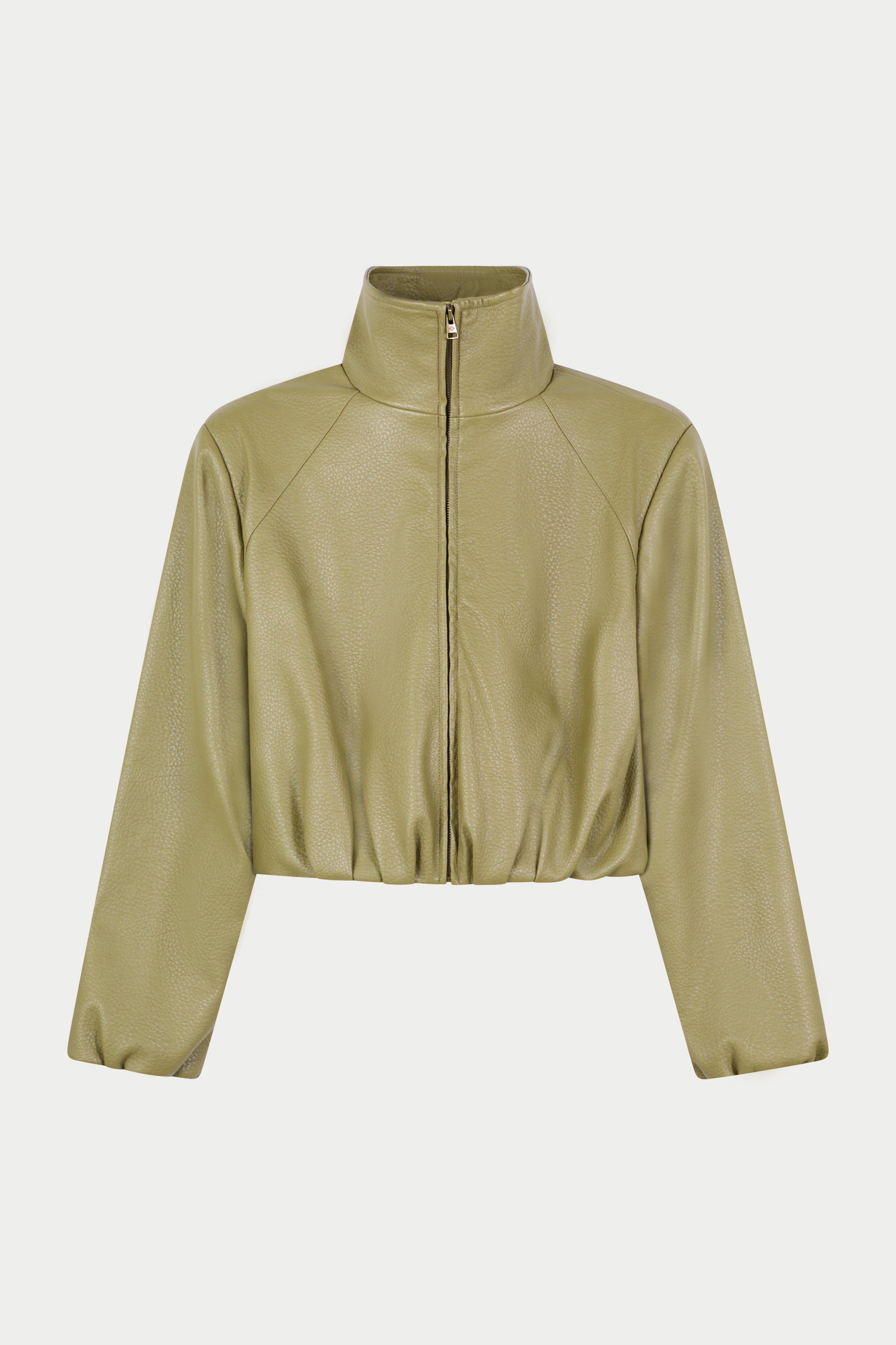 FUNNEL NECK BALLOON HEM FAUX LEATHER JACKET - OLIVE