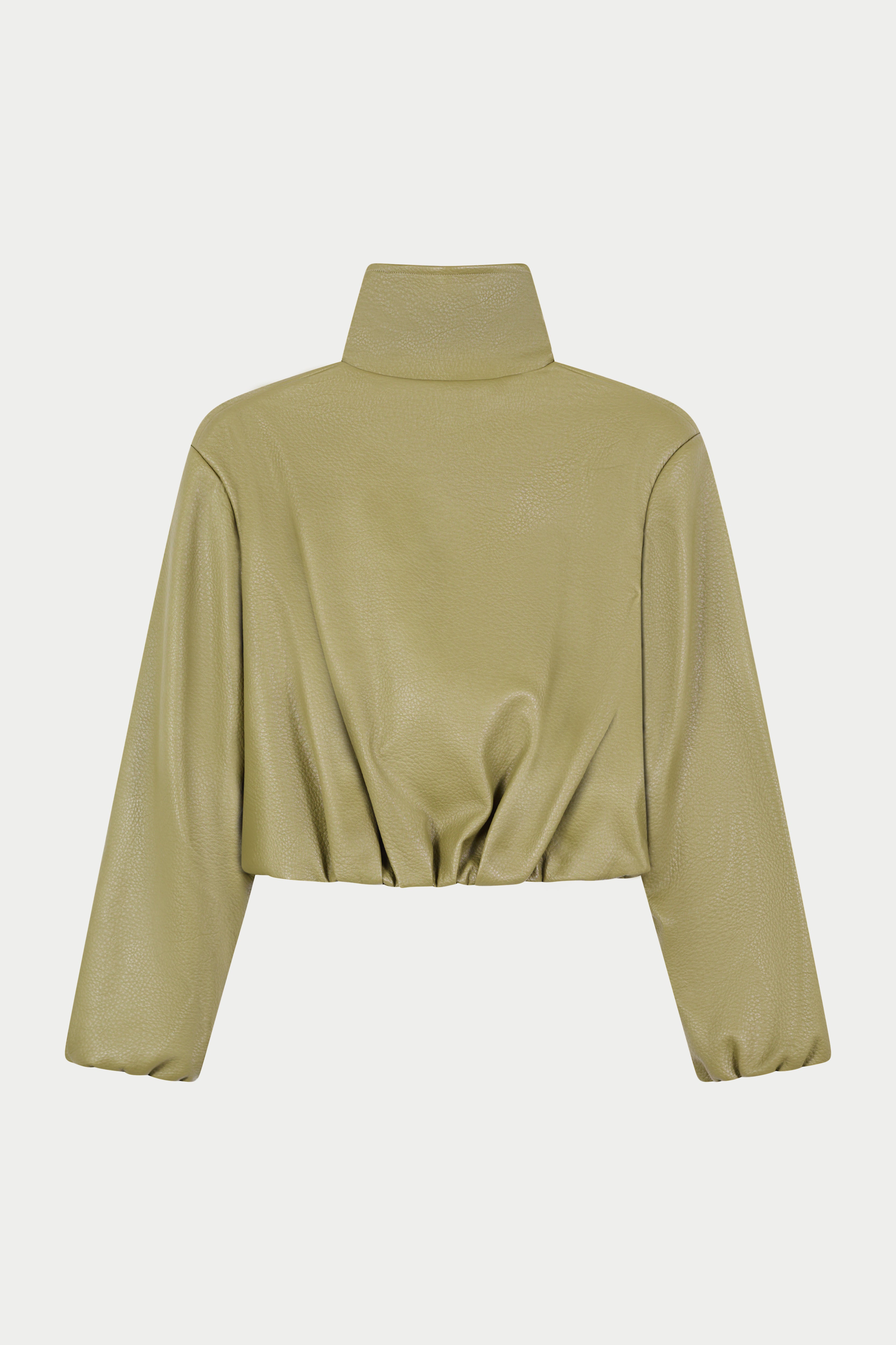FUNNEL NECK BALLOON HEM FAUX LEATHER JACKET - OLIVE