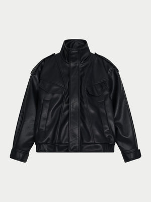 OVERSIZED FAUX LEATHER BIKER JACKET - BLACK