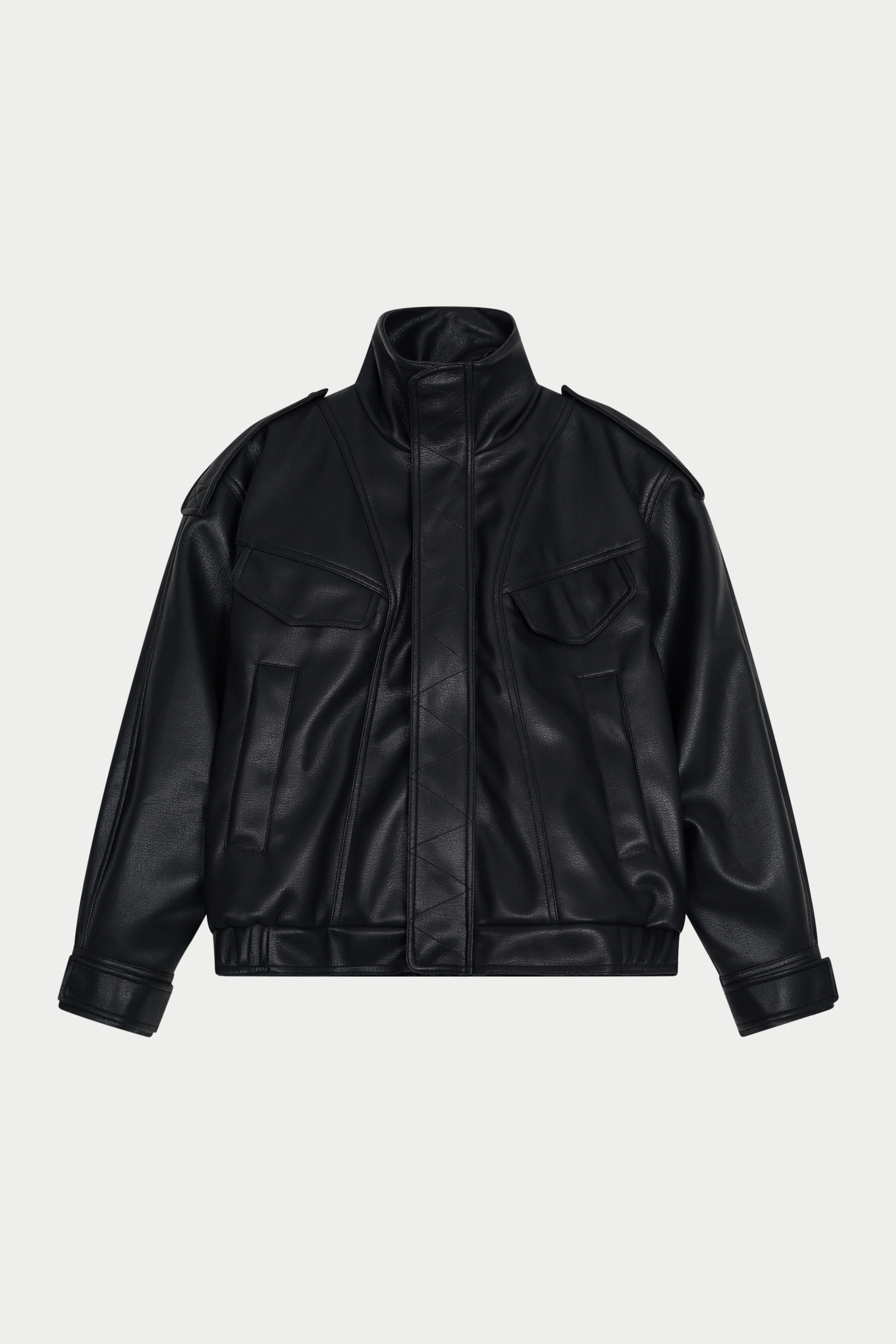 FAUX LEATHER FUNNEL NECK JACKET - BLACK