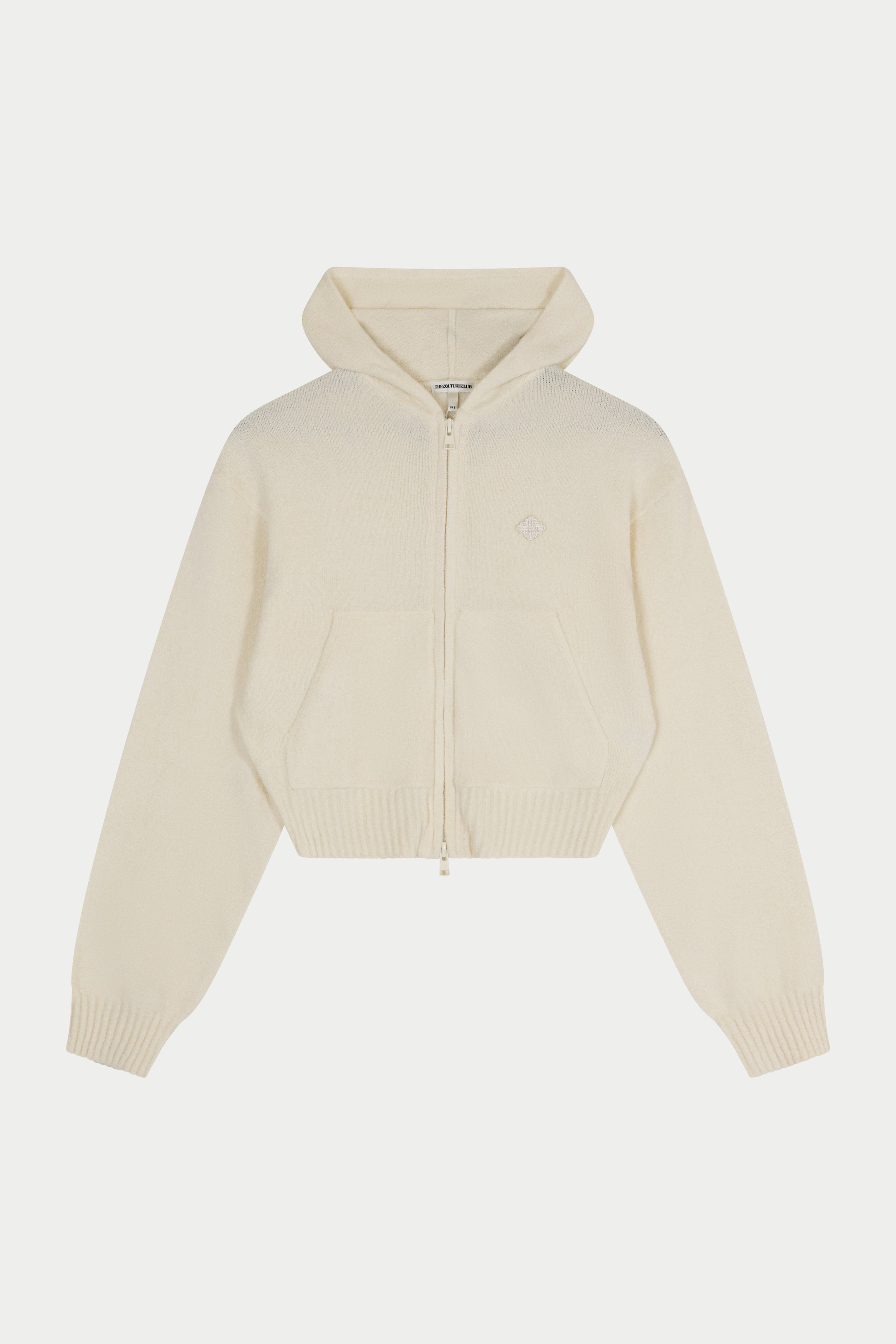 Beige zip front hoodie on a white background
