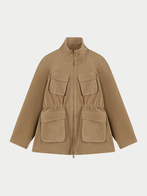 FAUX SUEDE BELLOW POCKET RUCHED WAIST JACKET - BEIGE