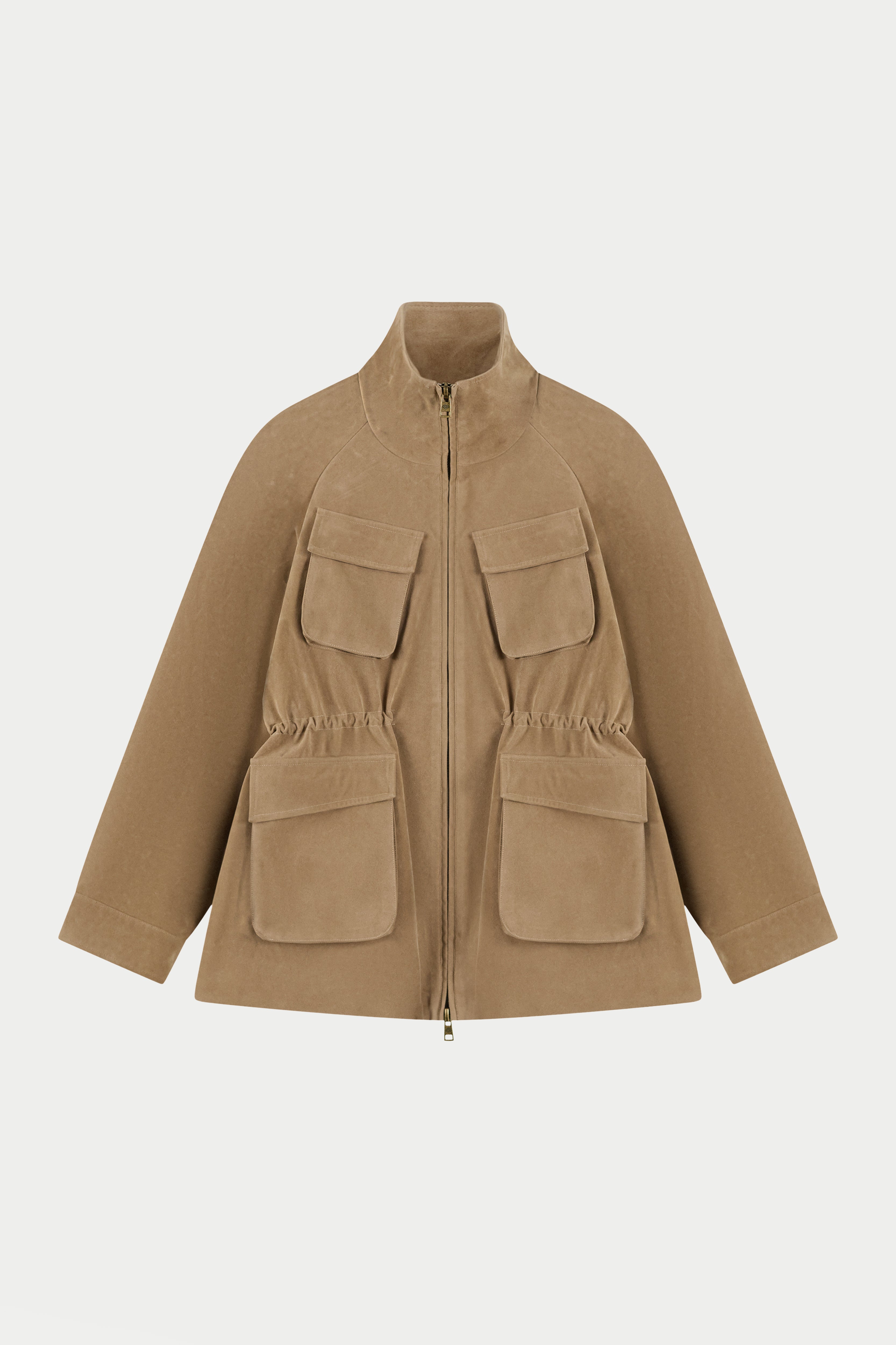 FAUX SUEDE BELLOW POCKET RUCHED WAIST JACKET - BEIGE