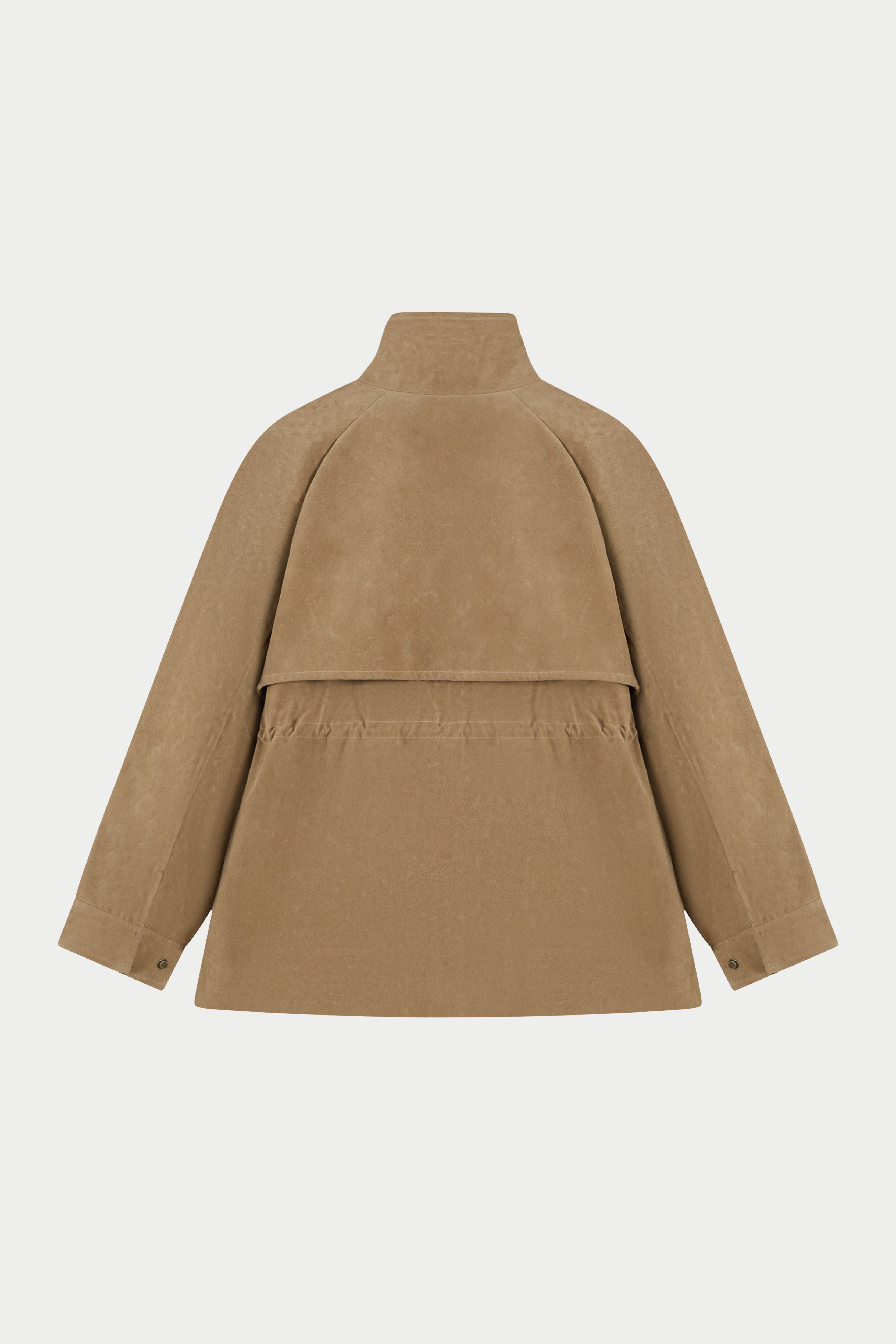 FAUX SUEDE BELLOW POCKET RUCHED WAIST JACKET - BEIGE