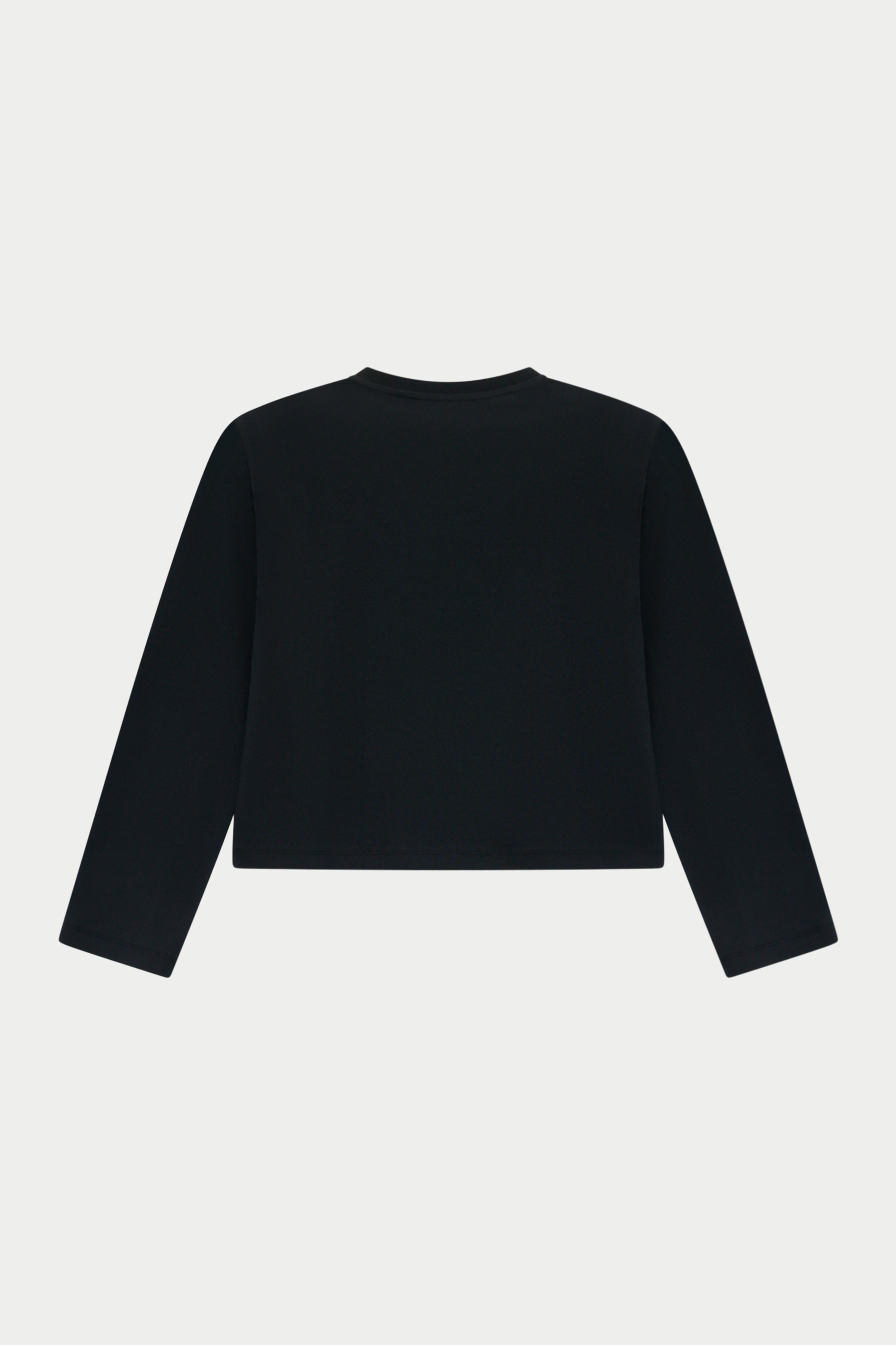A black long-sleeve top shown from the back, laid flat against a light gray background.