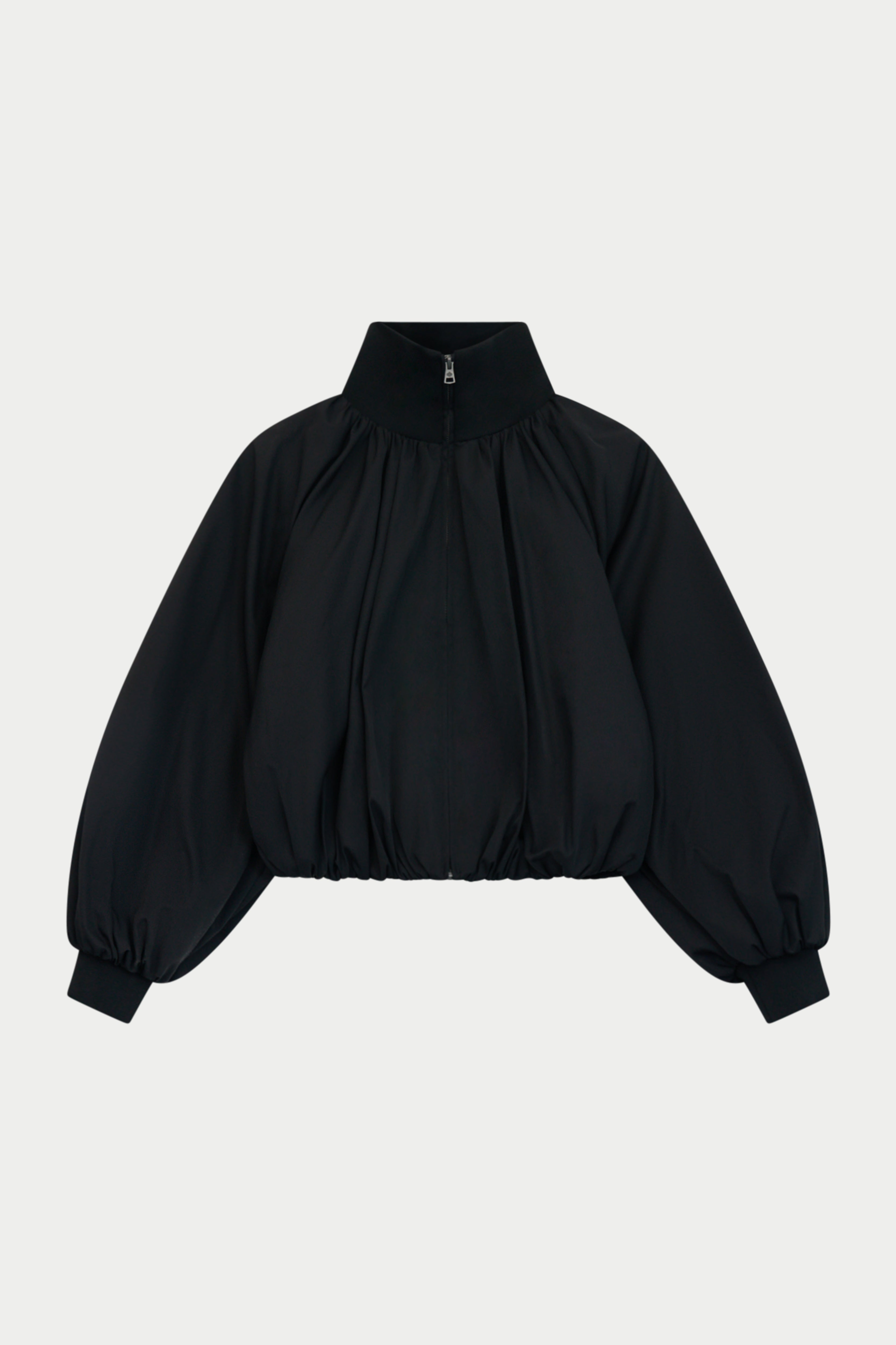 GATHERED BALLOON HEM BOMBER JACKET - BLACK