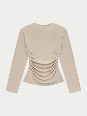 LONG SLEEVE SHOULDER PAD RUCHED TEE - STONE
