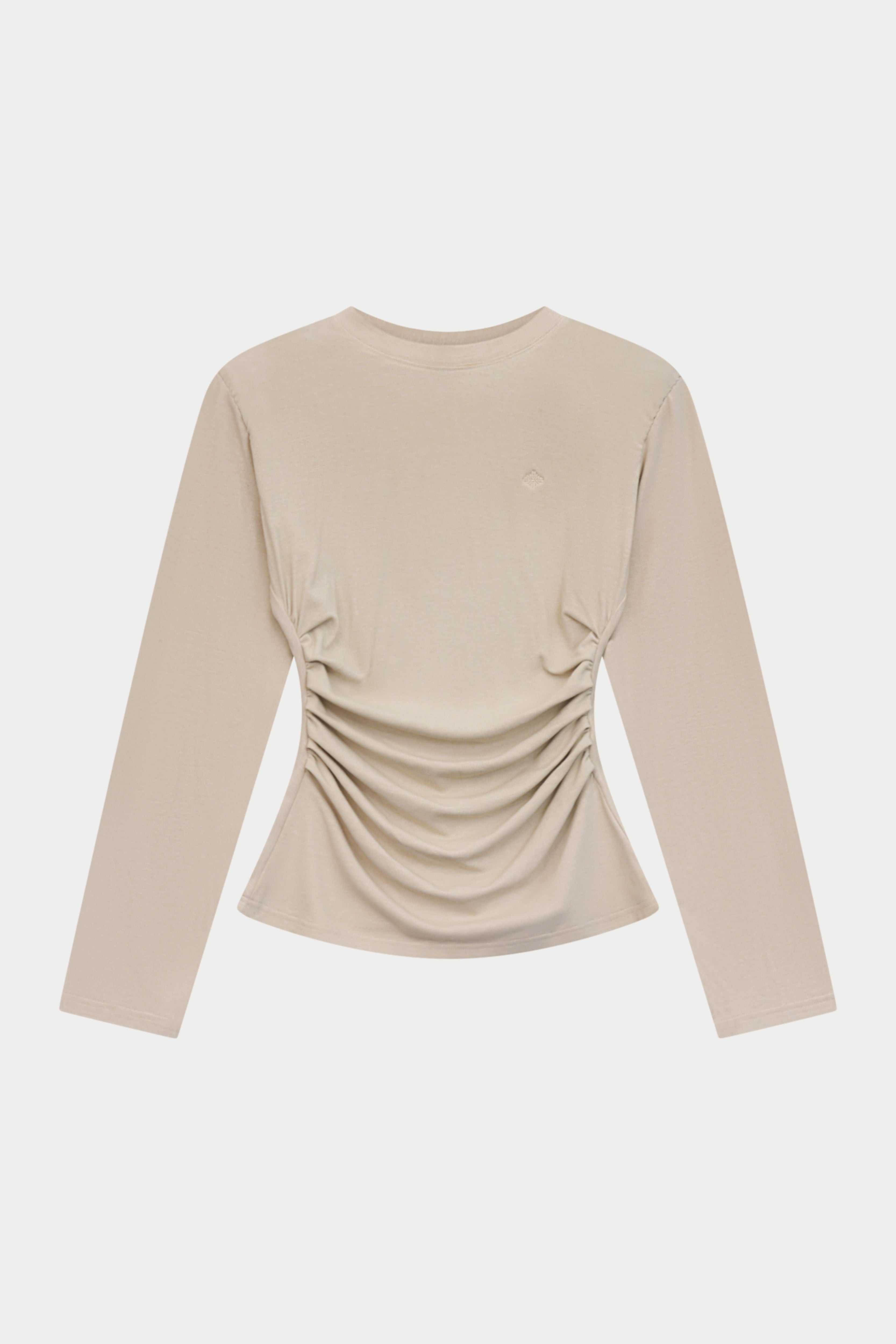 LONG SLEEVE SHOULDER PAD RUCHED TEE - STONE