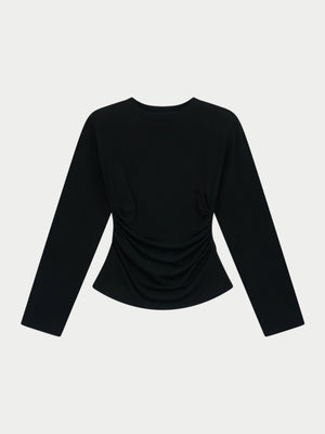 LONG SLEEVE SHOULDER PAD RUCHED TEE - BLACK