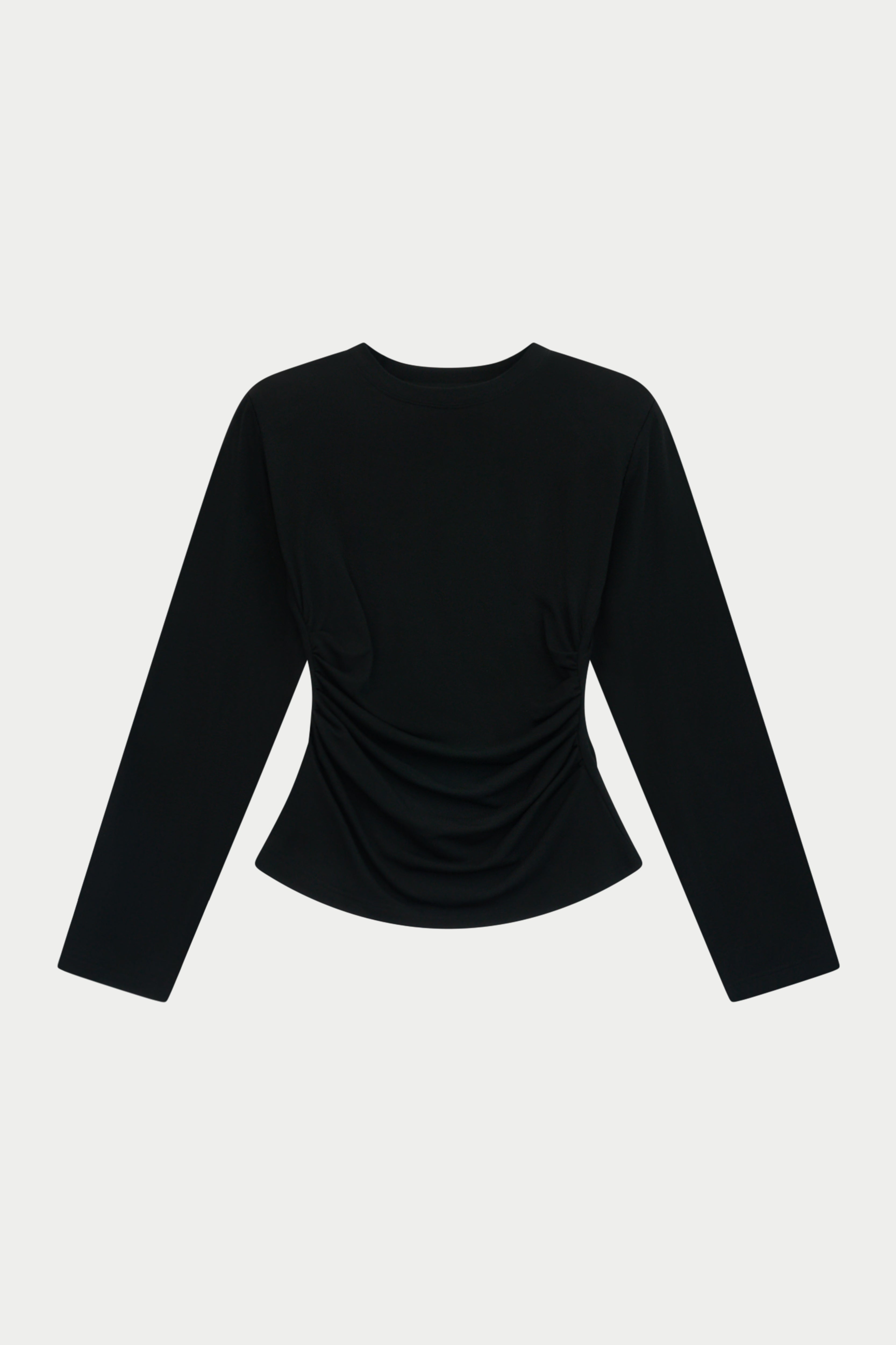 LONG SLEEVE SHOULDER PAD RUCHED TEE - BLACK