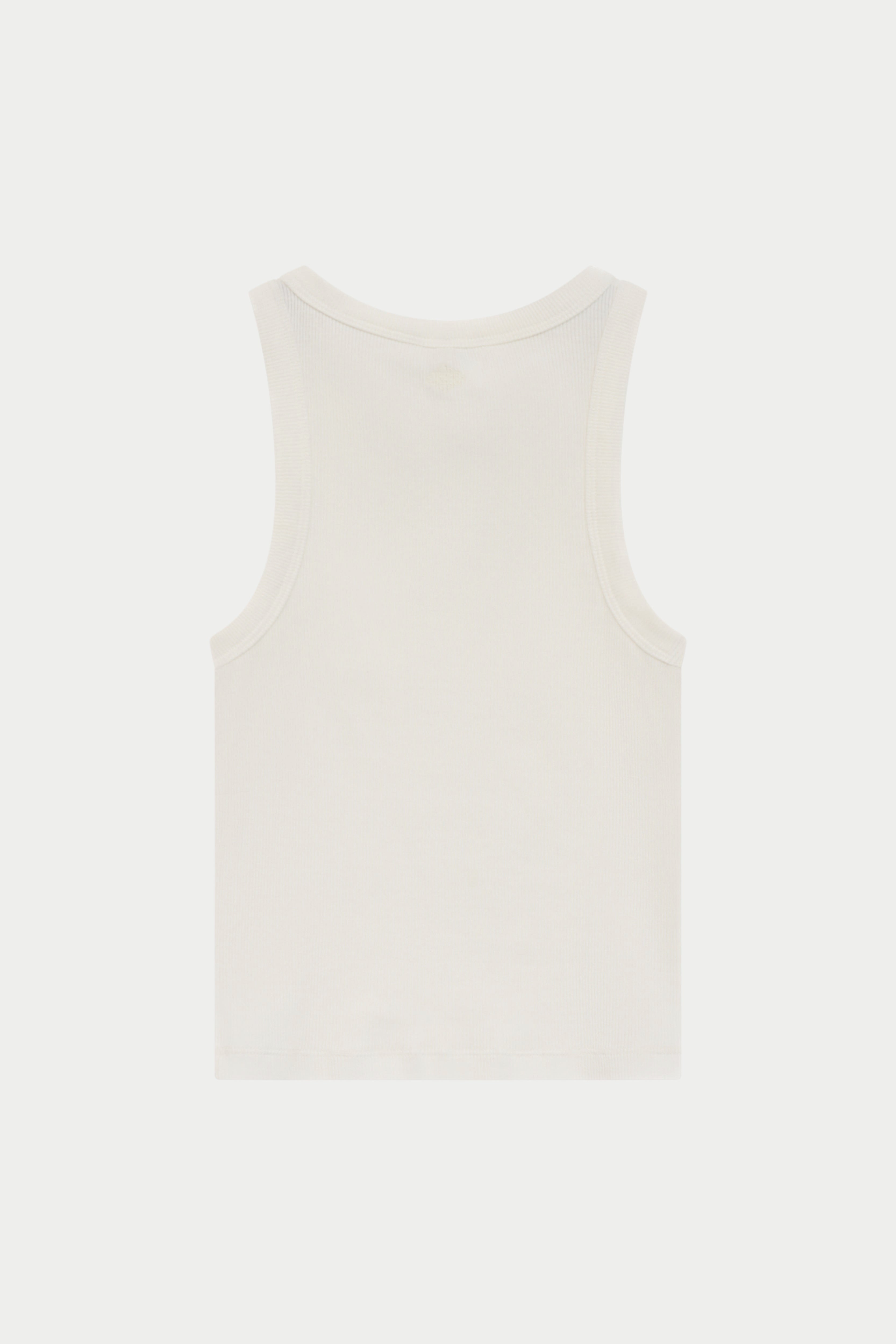 A sleeveless white tank top shown from the back on a light gray background.