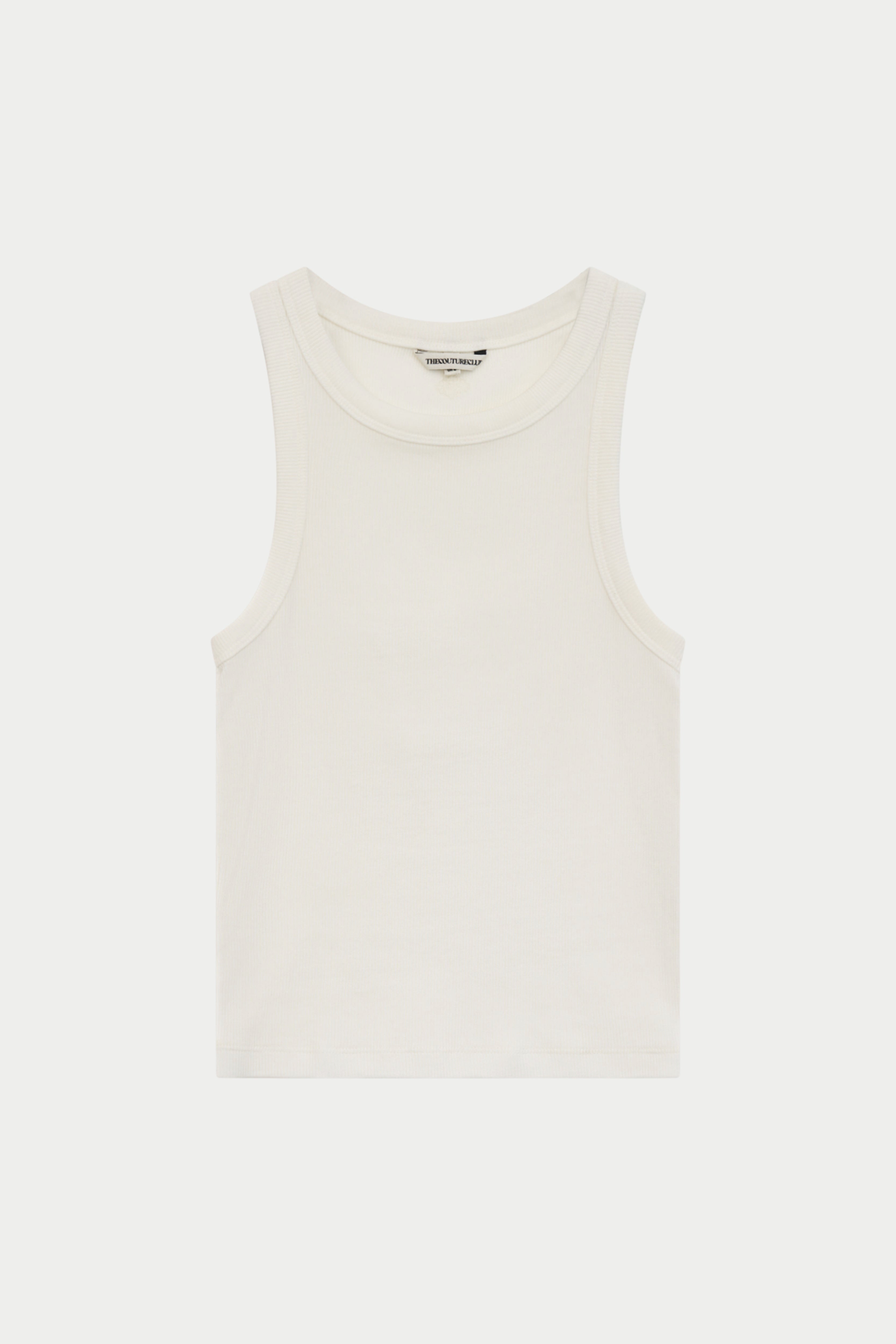 An off-white sleeveless tank top with a wide crew neck, displayed flat against a light gray background.