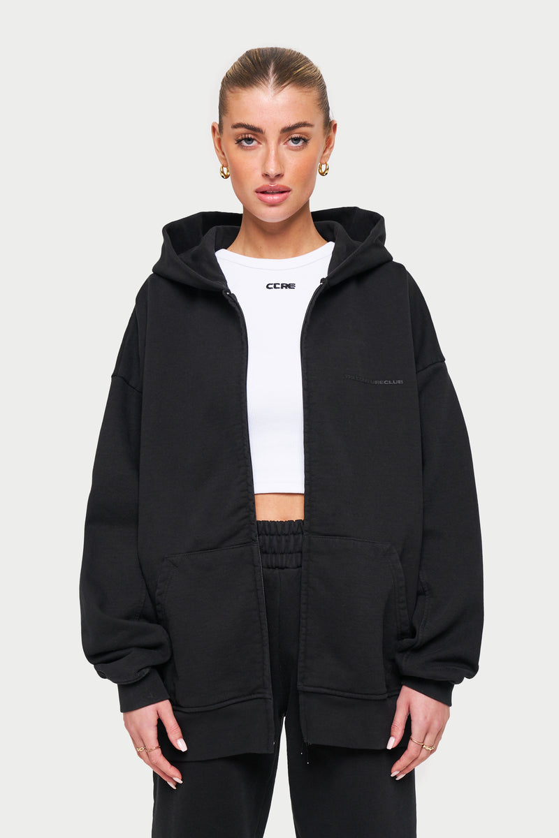EVERYDAY WASHED RELAXED ZIP THROUGH HOODIE - WASHED BLACK