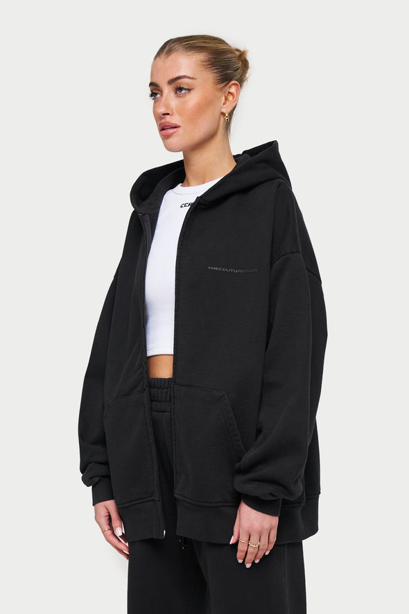 EVERYDAY WASHED RELAXED ZIP THROUGH HOODIE - WASHED BLACK