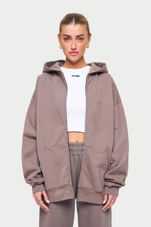 EVERYDAY WASHED RELAXED ZIP THROUGH HOODIE - WASHED BROWN
