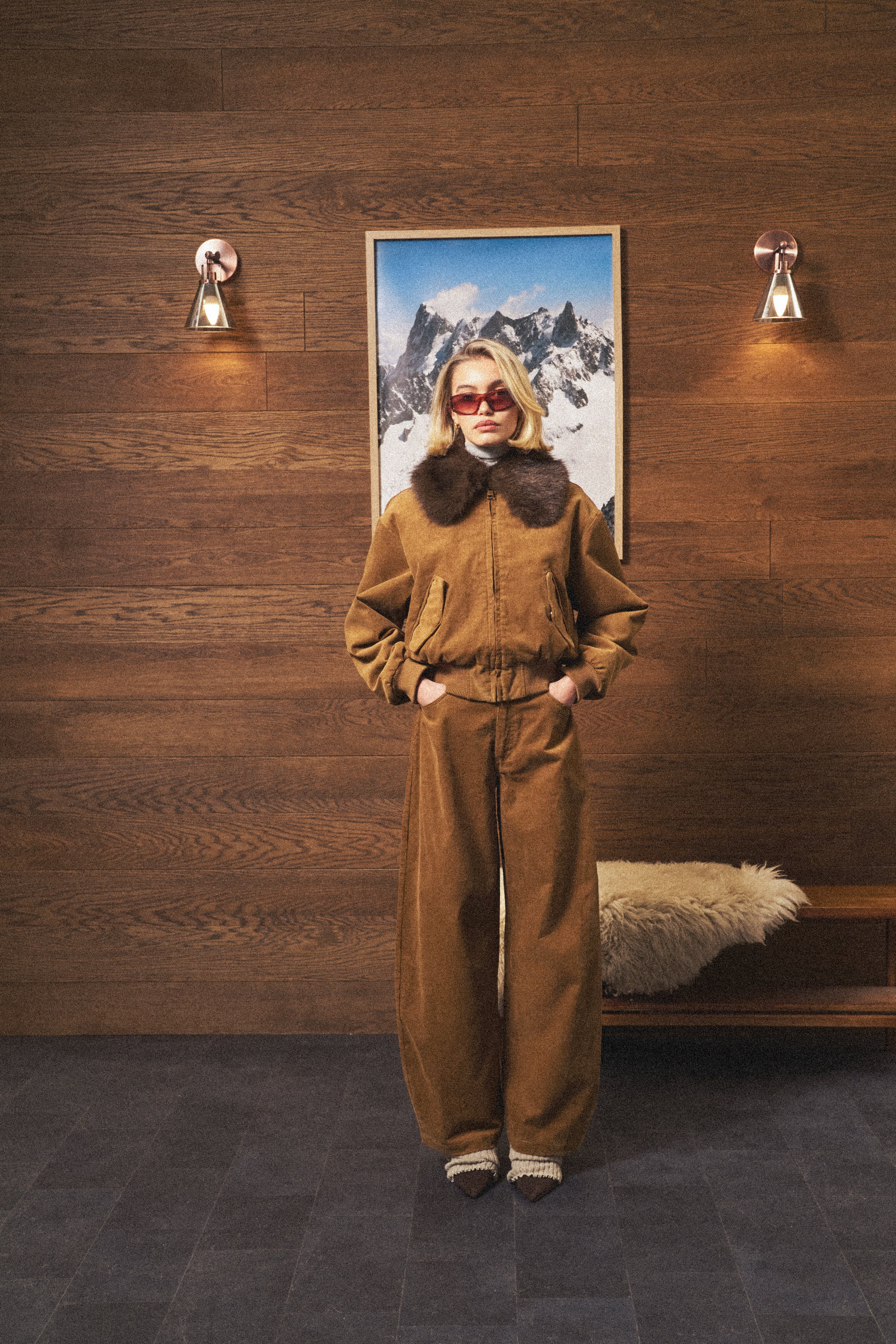 CORD FAUX FUR COLLAR BOMBER JACKET - TAN