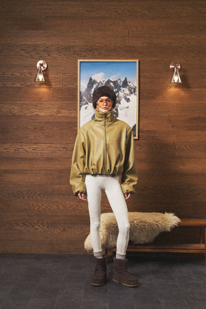 FUNNEL NECK BALLOON HEM FAUX LEATHER JACKET - OLIVE