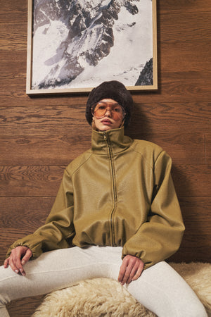 FUNNEL NECK BALLOON HEM FAUX LEATHER JACKET - OLIVE