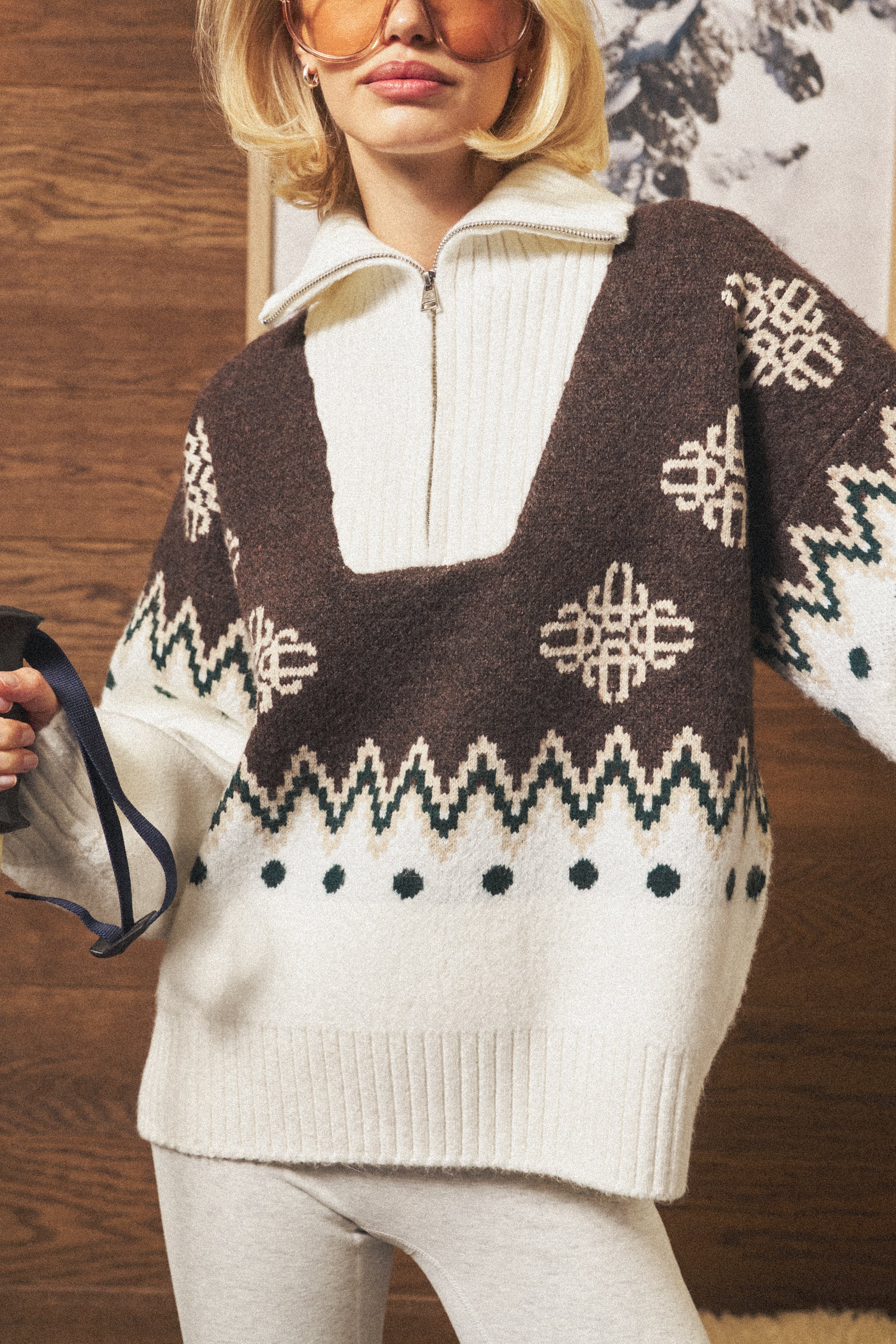 FAIR ISLE FUNNEL NECK QUARTER ZIP - BEIGE | The Couture Club