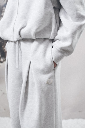 PLEAT DETAIL WIDE LEG JOGGERS - GREY MARL