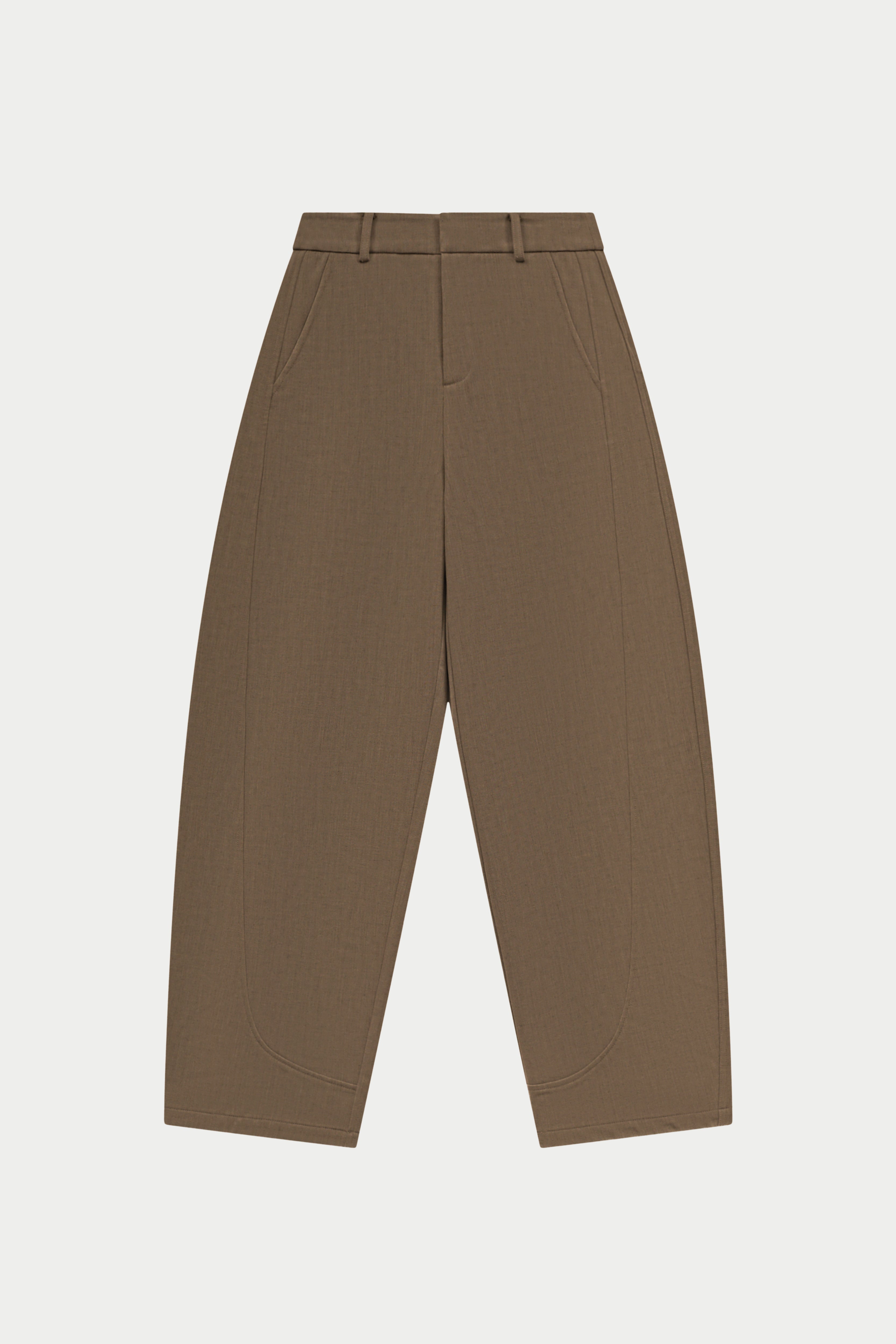 Brown barrel leg pants on a white background