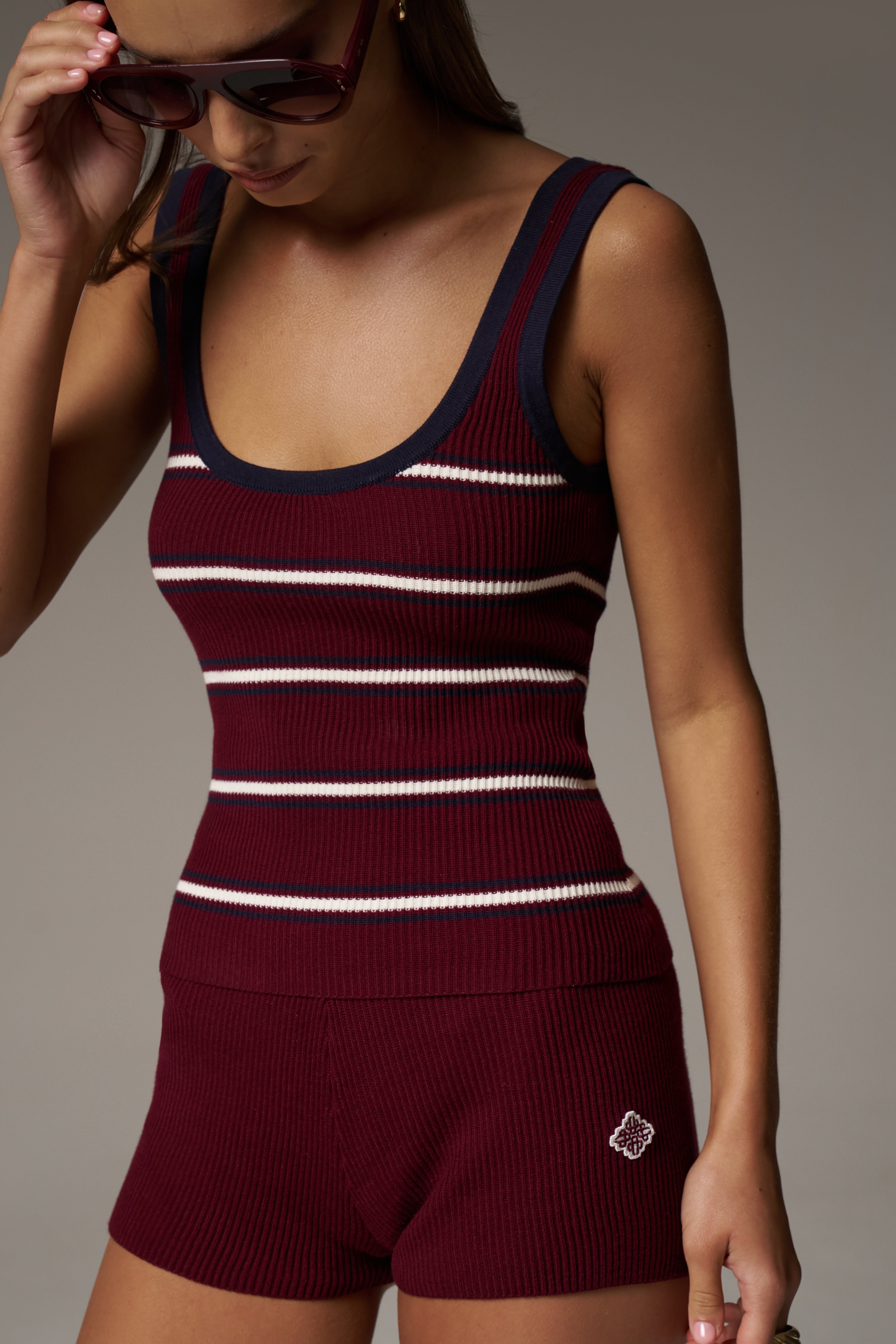 STRIPE RIBBED VEST TOP - BURGUNDY