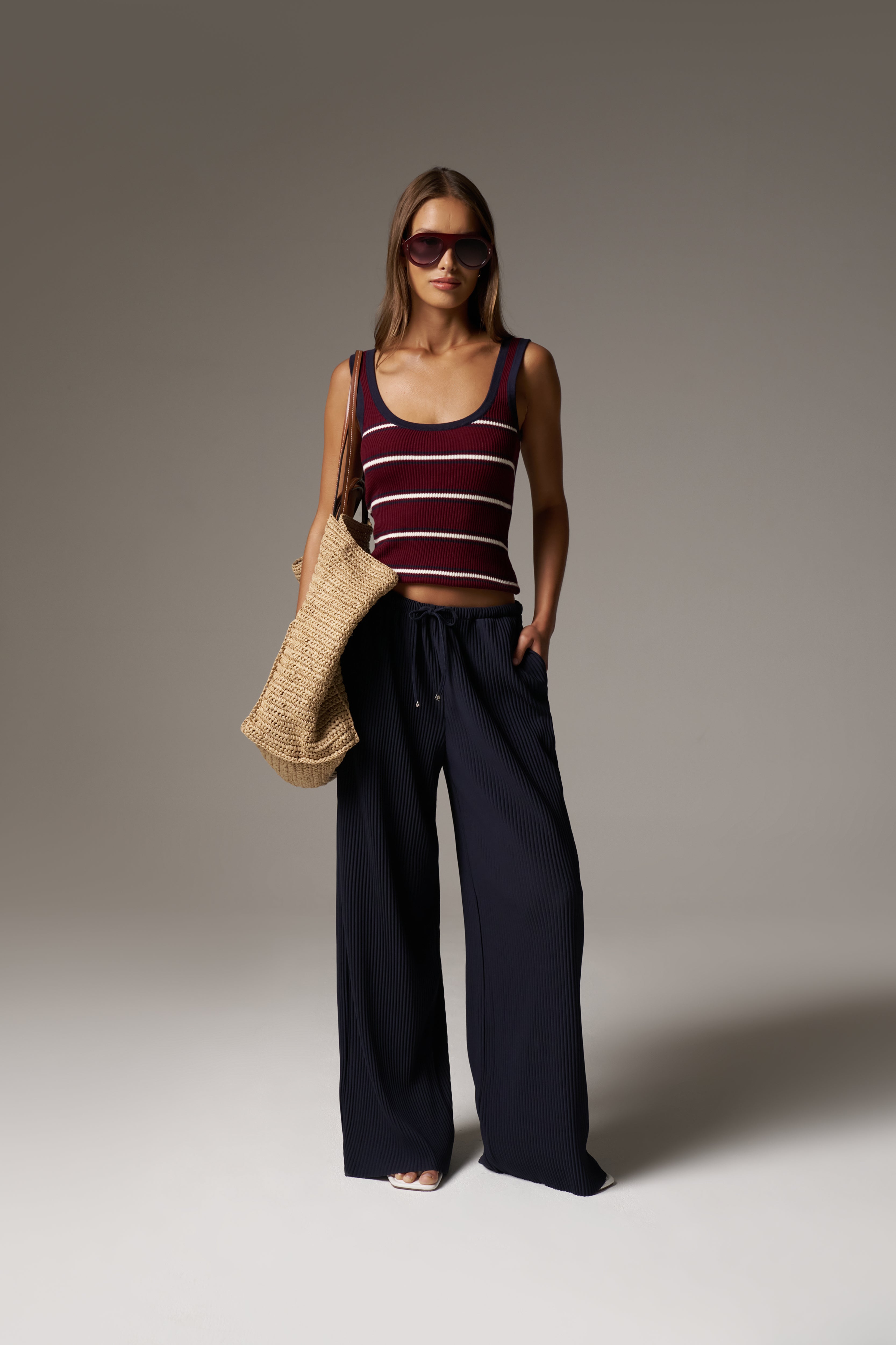 STRIPE RIBBED VEST TOP - BURGUNDY