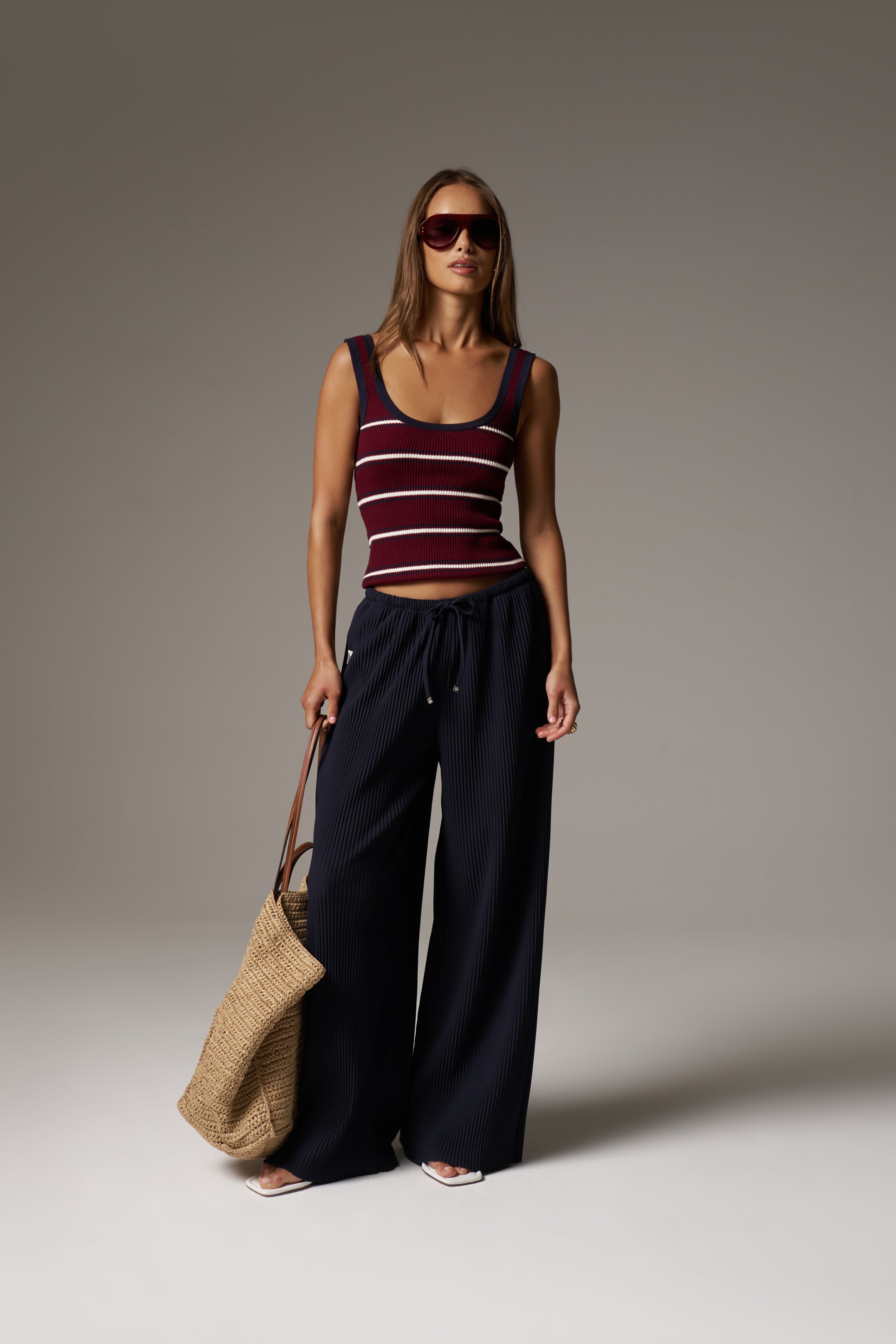 STRIPE RIBBED VEST TOP - BURGUNDY