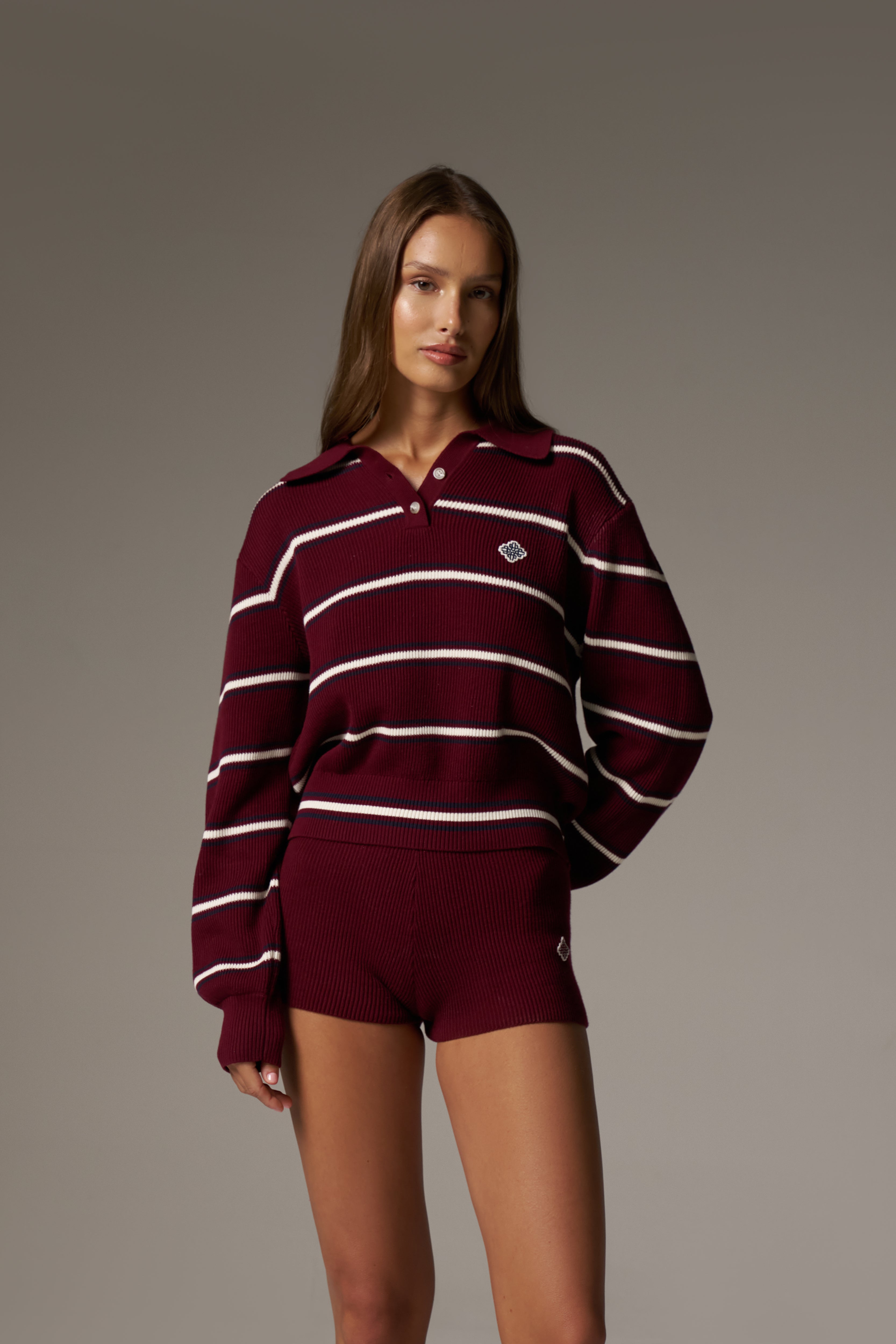 STRIPE KNITTED BUTTON THROUGH POLO - BURGUNDY