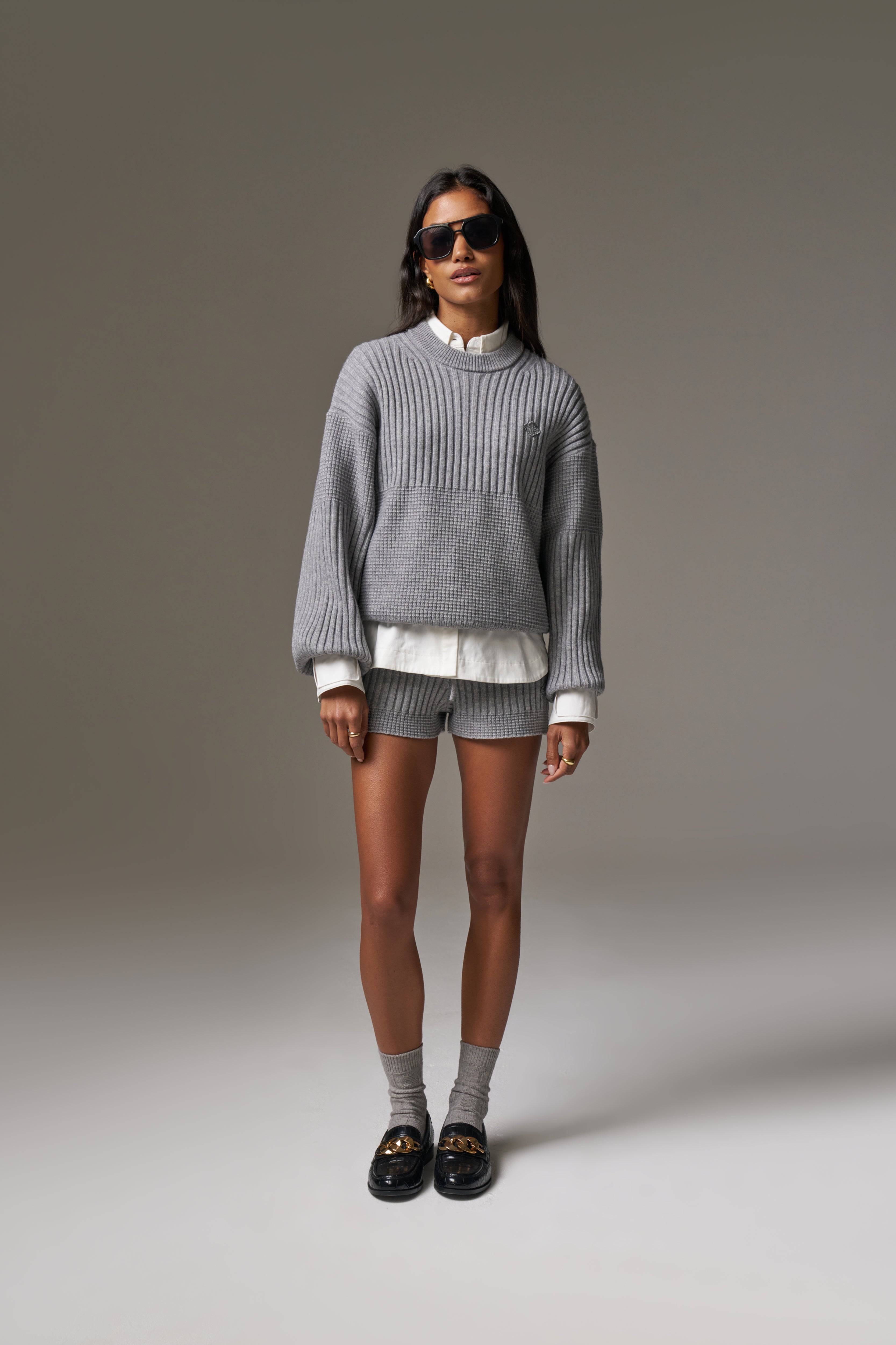 CONTRAST KNIT MINI SHORTS - GREY MARL