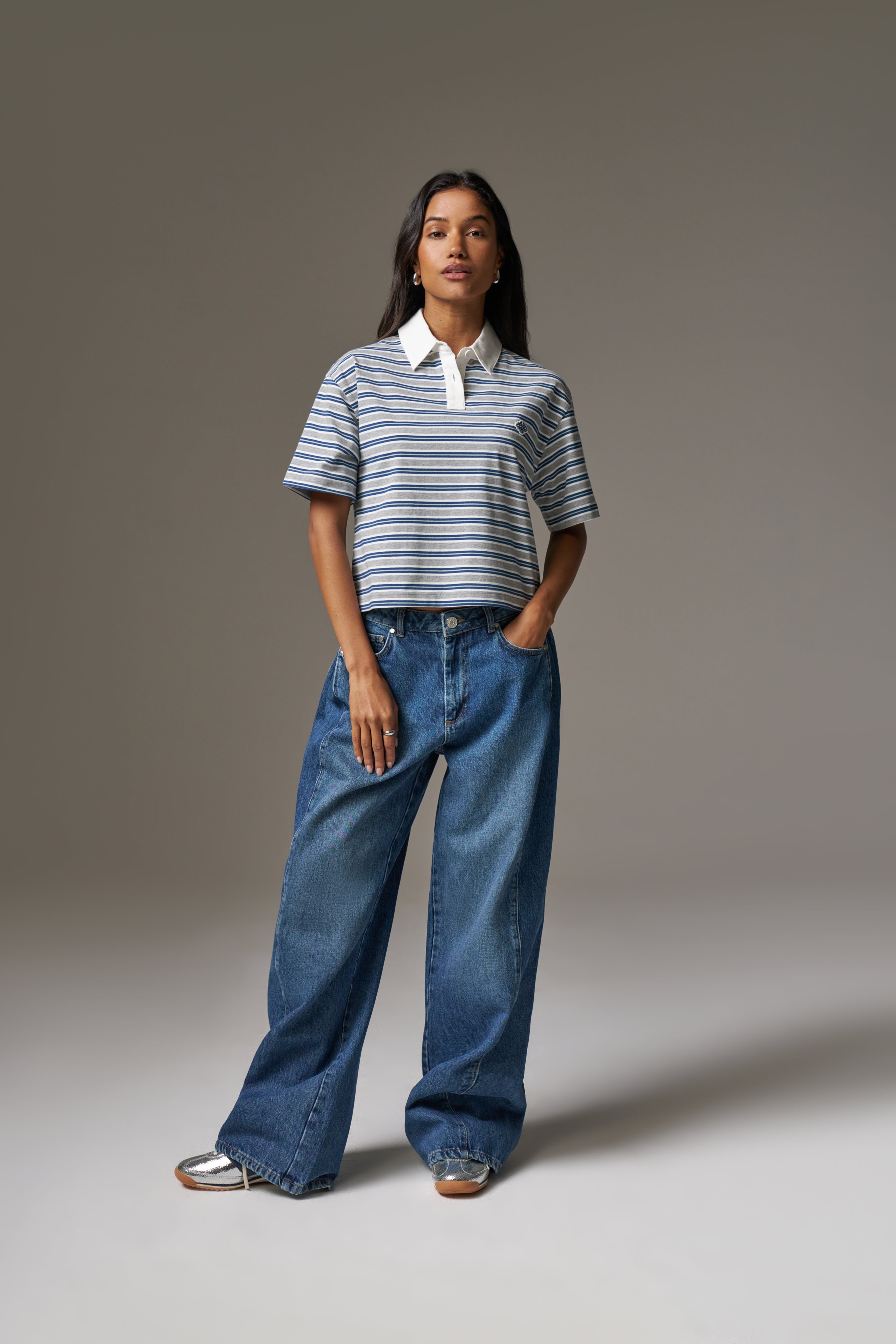 STRIPED POLO TEE - GREY