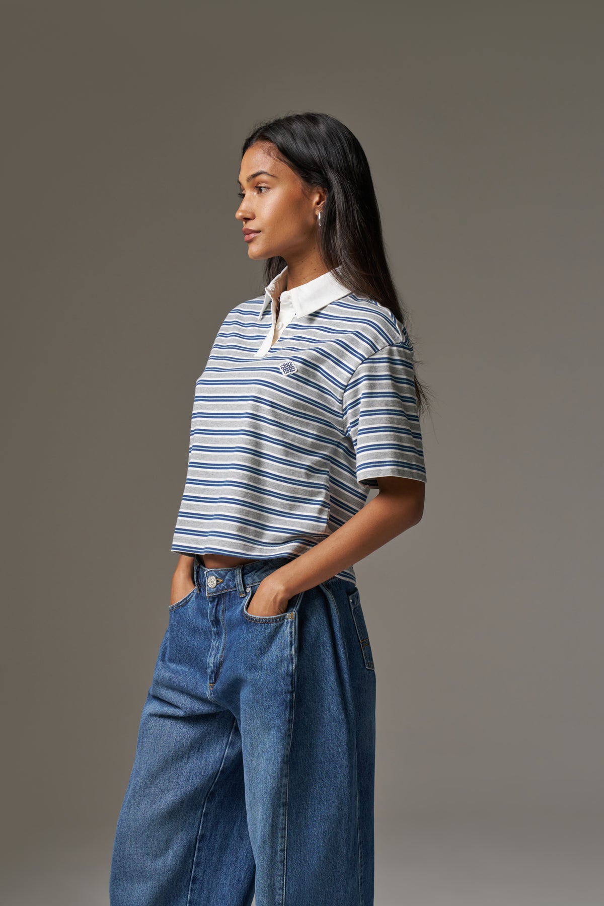 STRIPED POLO TEE - GREY
