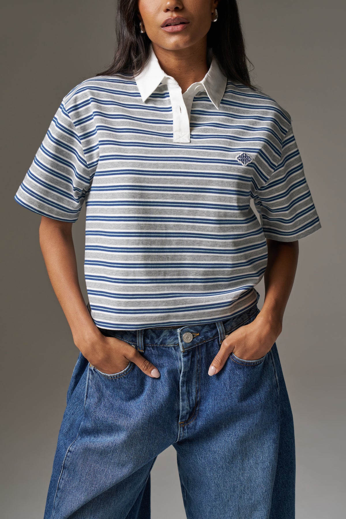 STRIPED POLO TEE - GREY