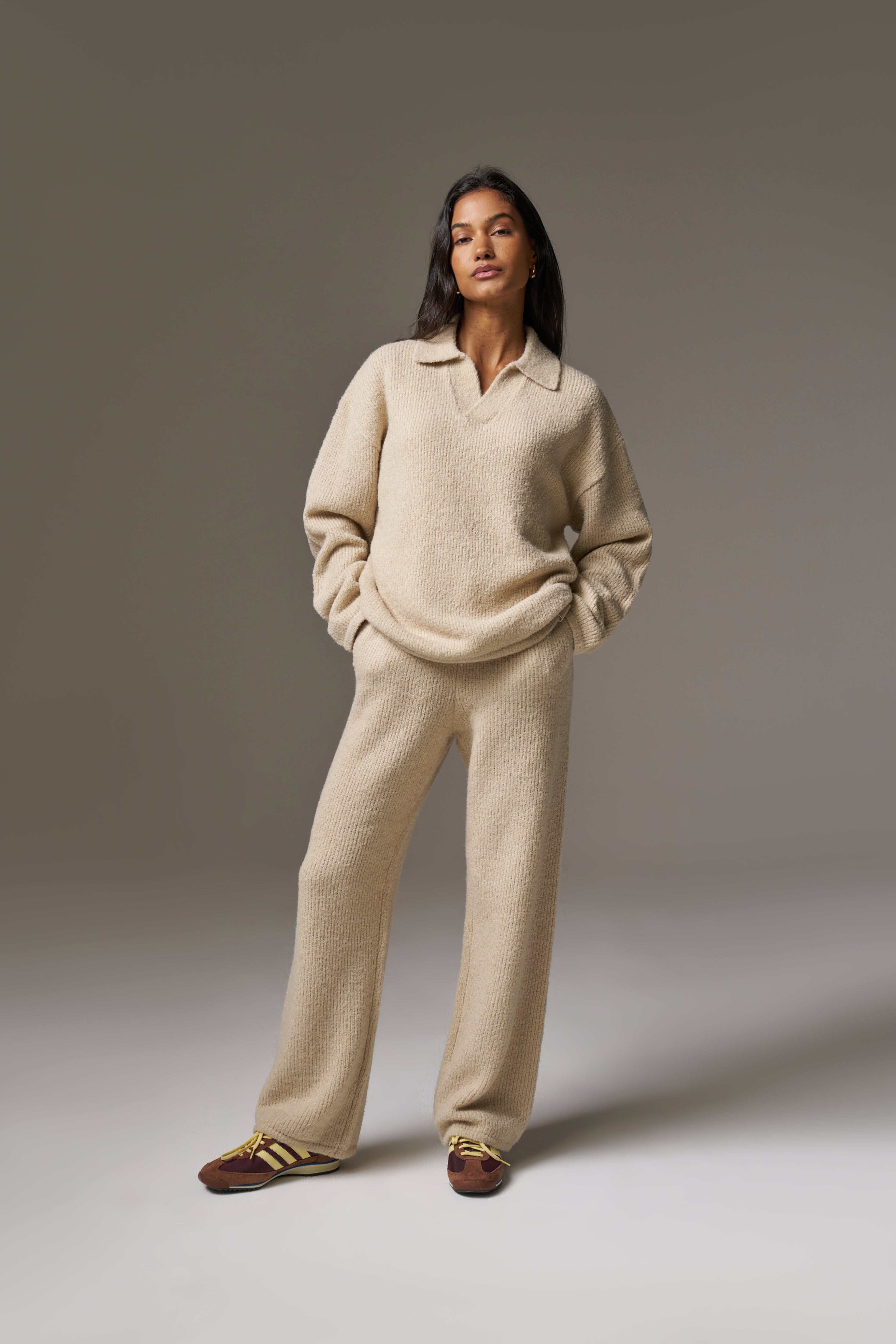 BOUCLE KNIT LONG SLEEVE POLO - STONE