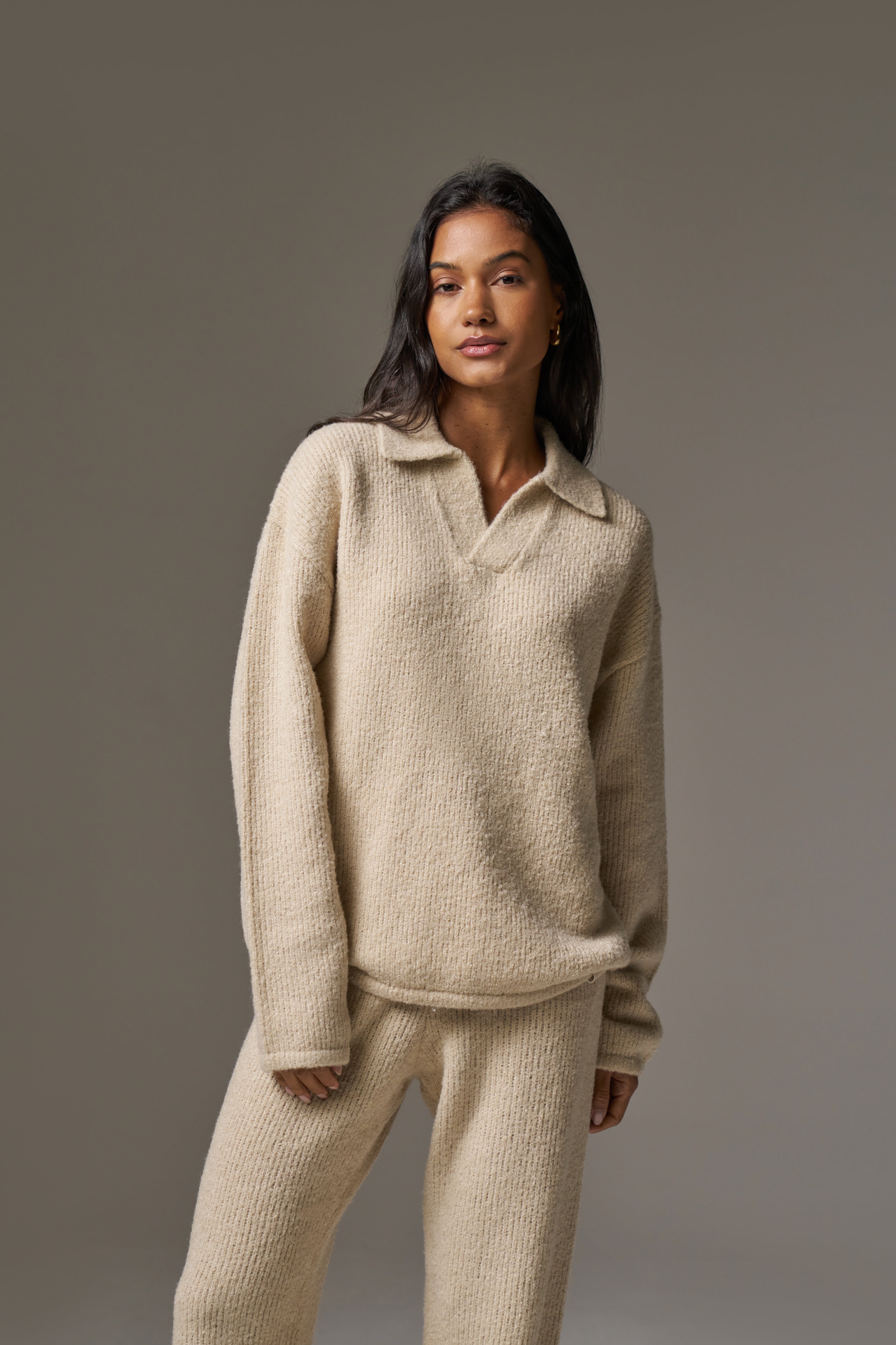 BOUCLE KNIT LONG SLEEVE POLO - STONE