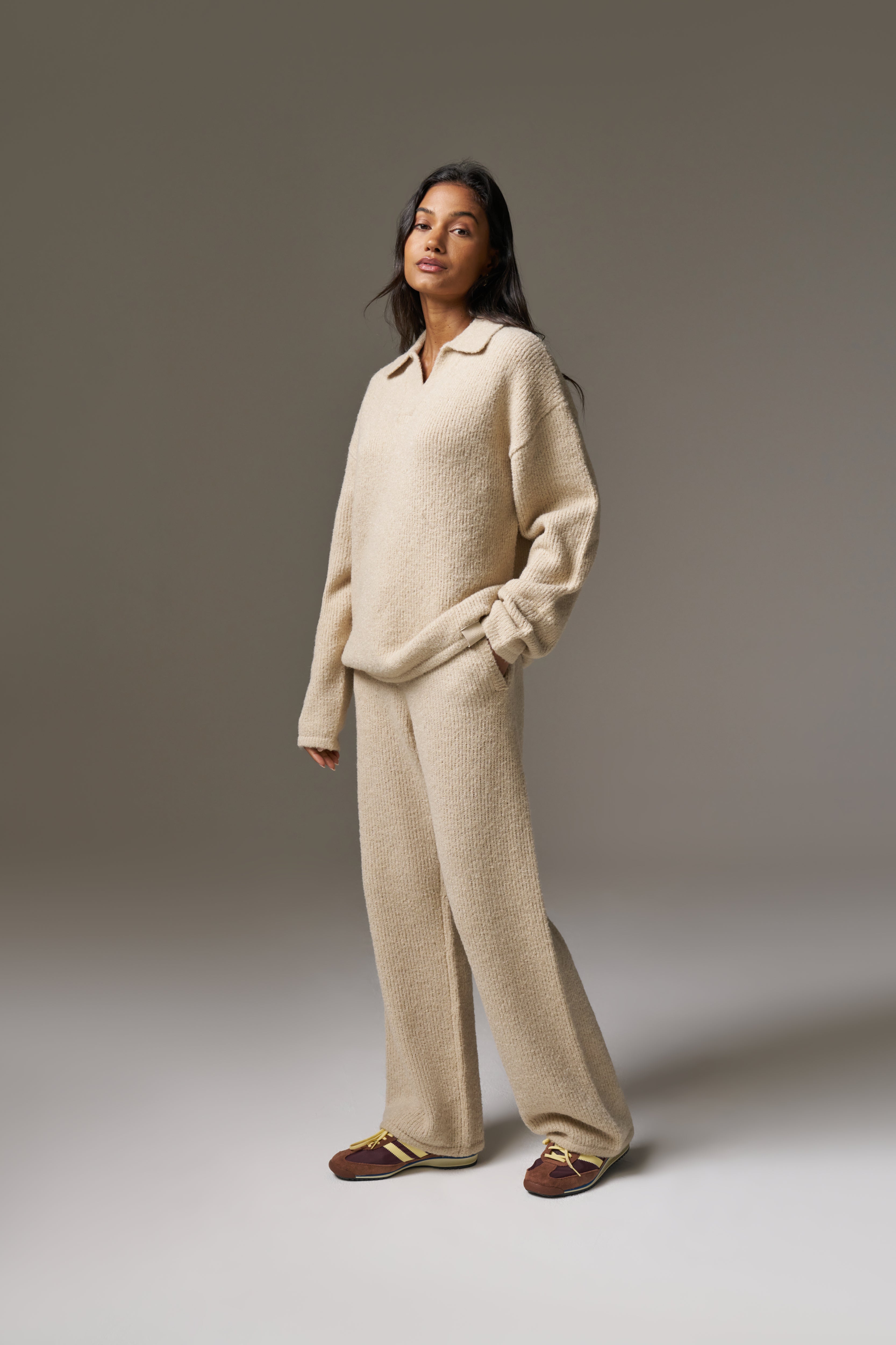 BOUCLE KNIT LONG SLEEVE POLO - STONE