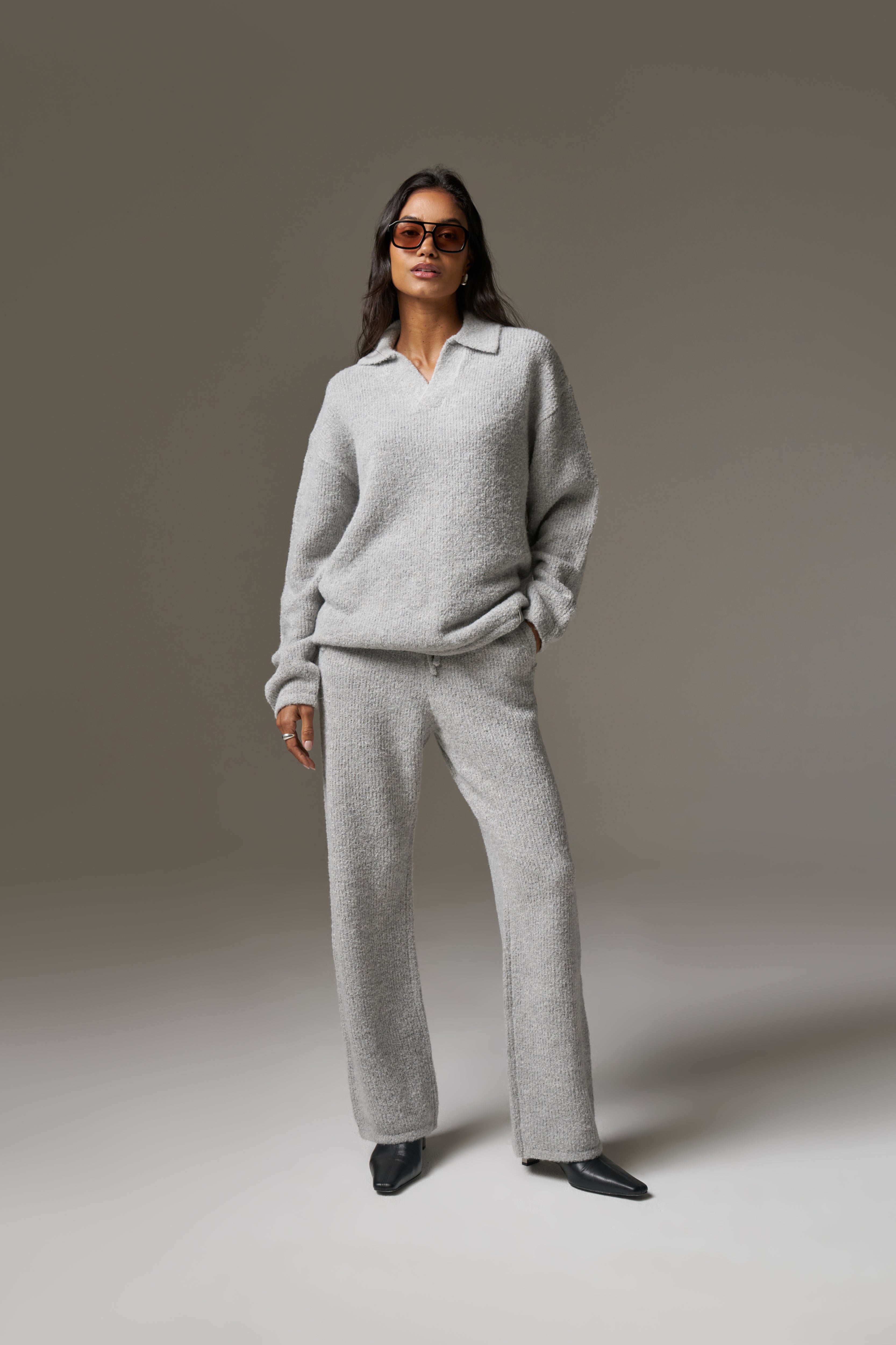 BOUCLE KNIT LONG SLEEVE POLO - GREY MARL