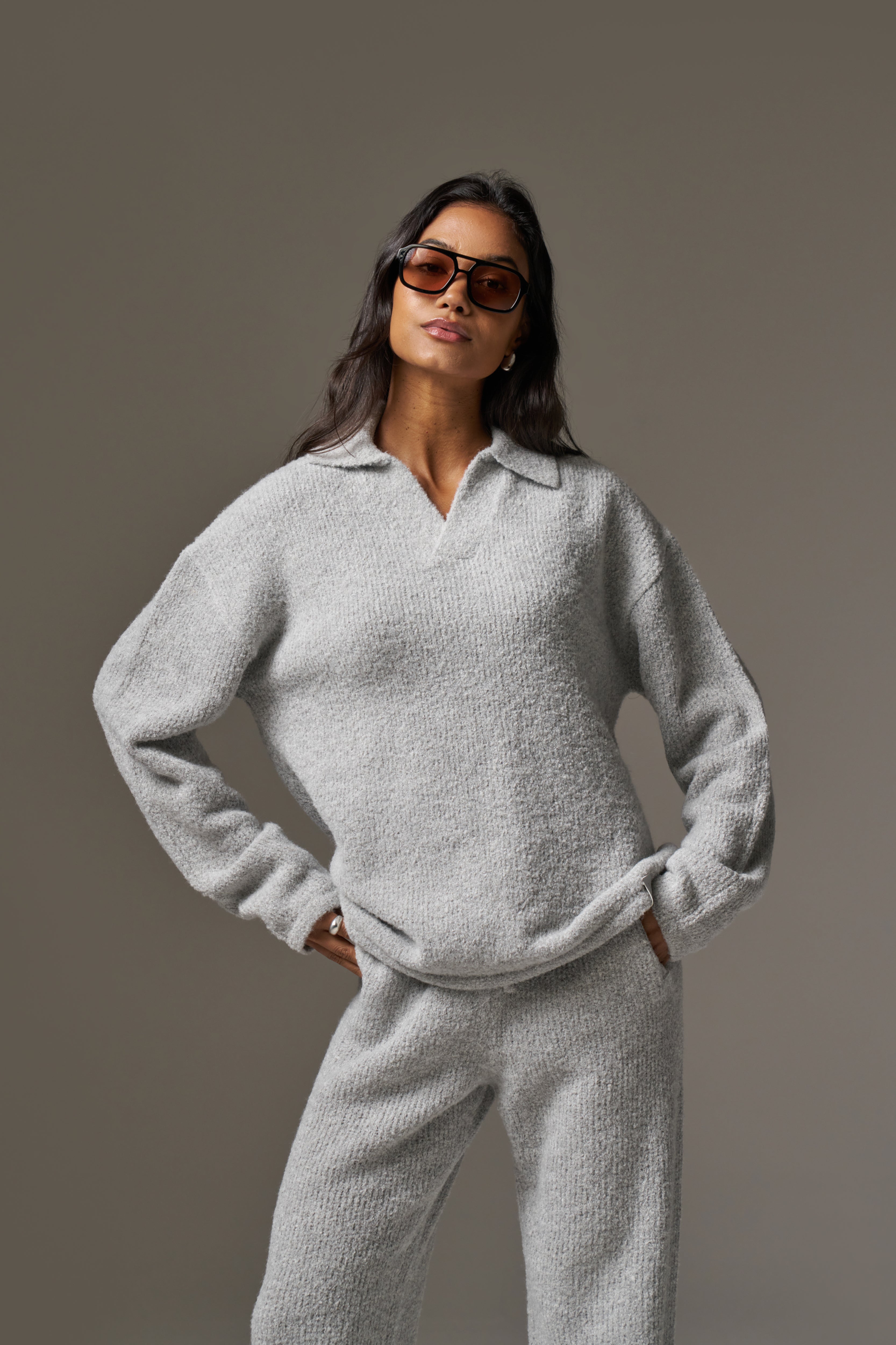 BOUCLE KNIT LONG SLEEVE POLO - GREY MARL