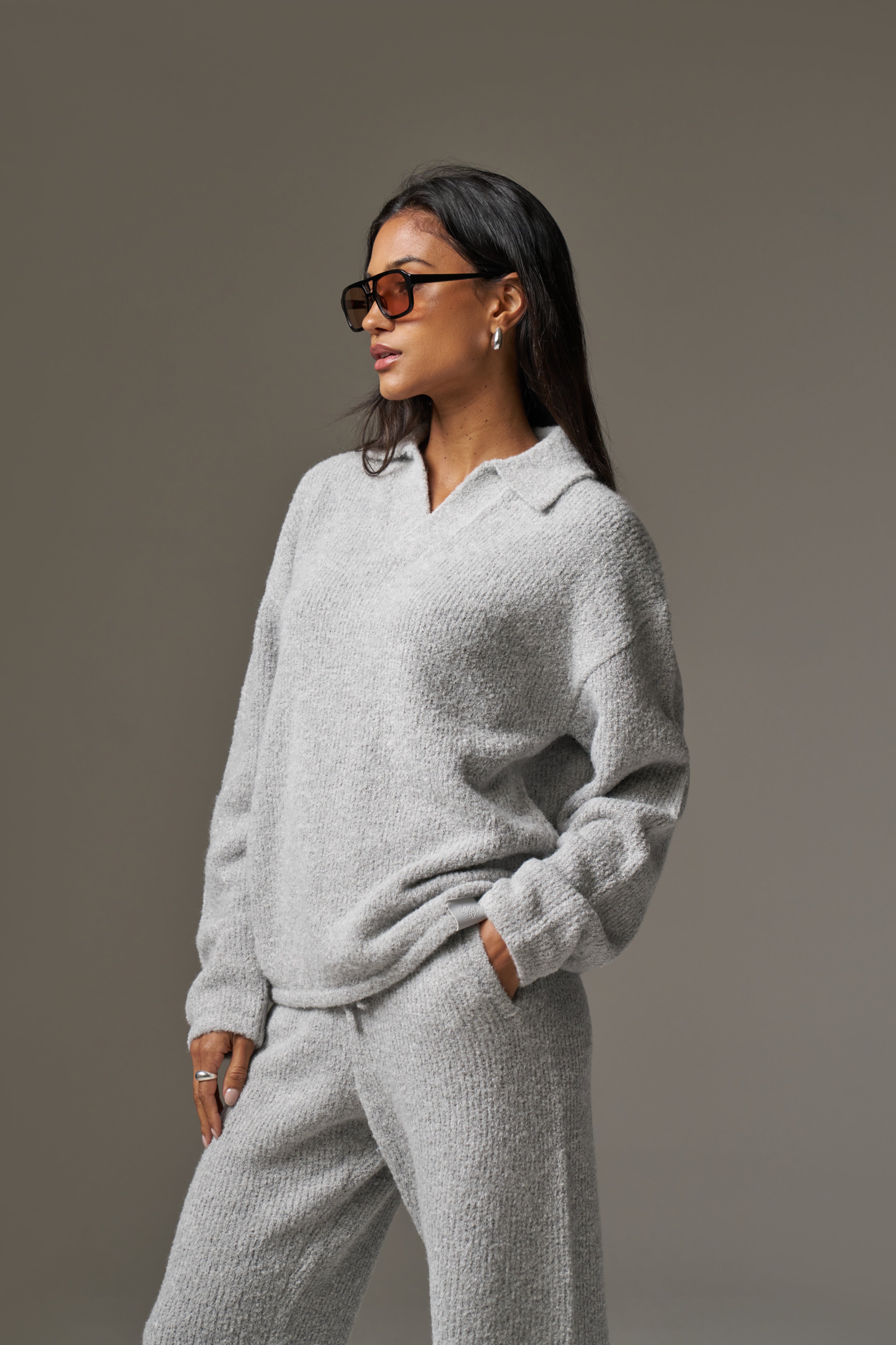 BOUCLE KNIT LONG SLEEVE POLO - GREY MARL