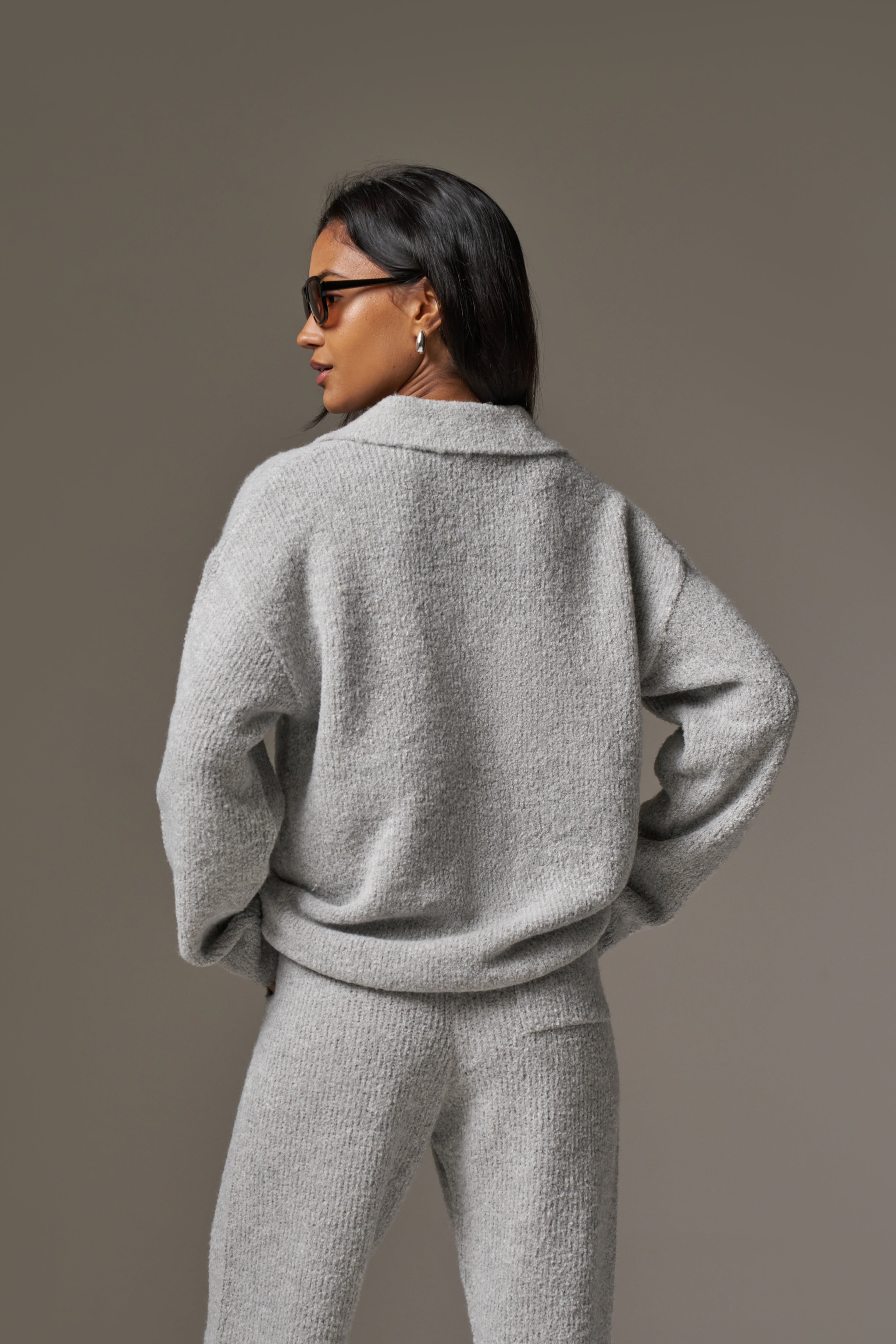 BOUCLE KNIT LONG SLEEVE POLO - GREY MARL