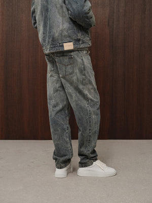 VINTAGE WASH DENIM BARREL LEG JEANS - BLUE WASH