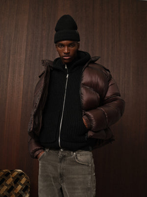 TRANSLUCENT HOODED PUFFER - BROWN